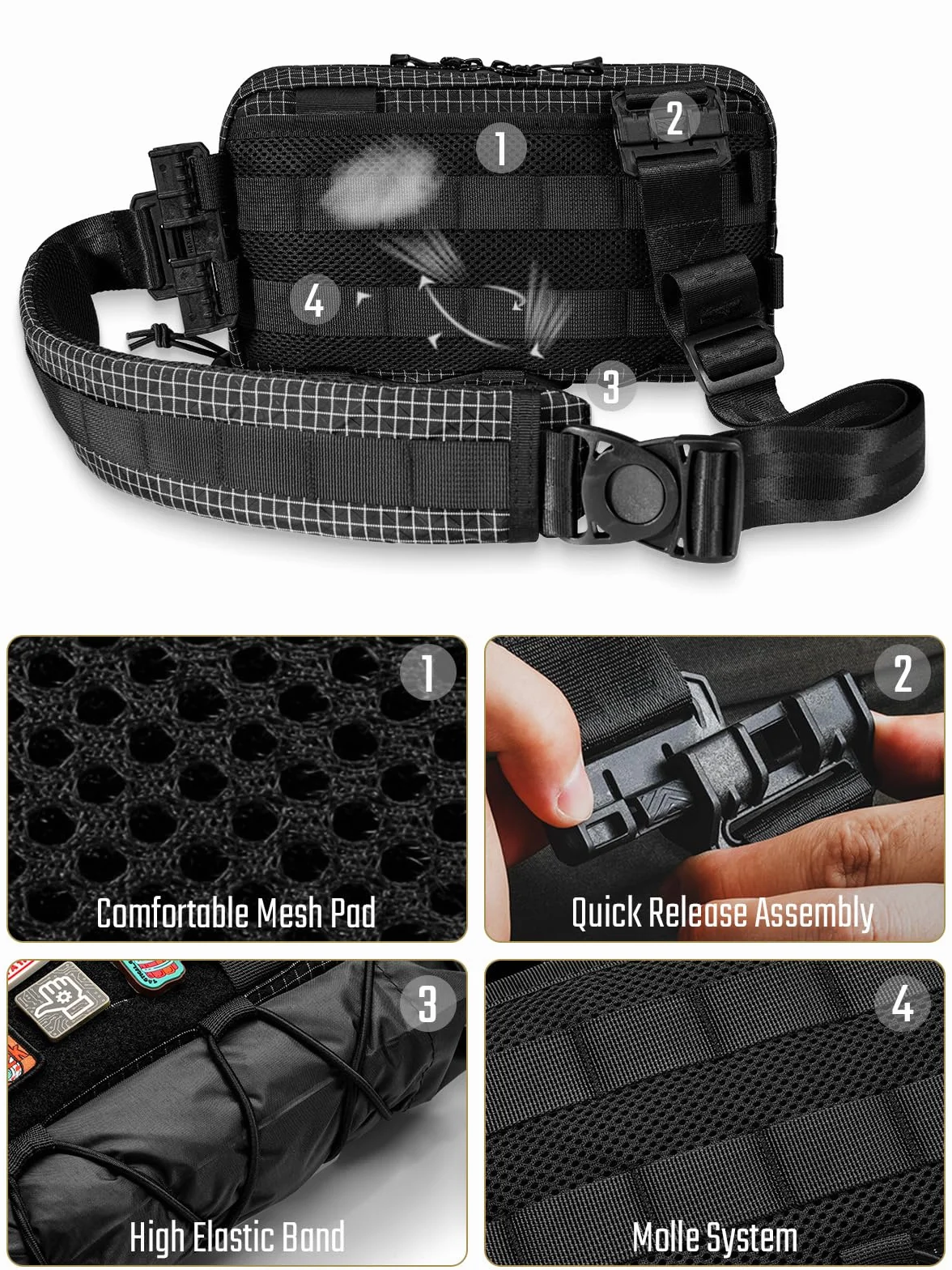 TACTICAL_GEEK Cache L3 EDC lekka torba na klatkę piersiową dla mężczyzn i kobiet, kompaktowa torba na brzuch, regulowany pasek na ramię, torba na ramię, torba na klatkę piersiową, na podróż, do szkoły
