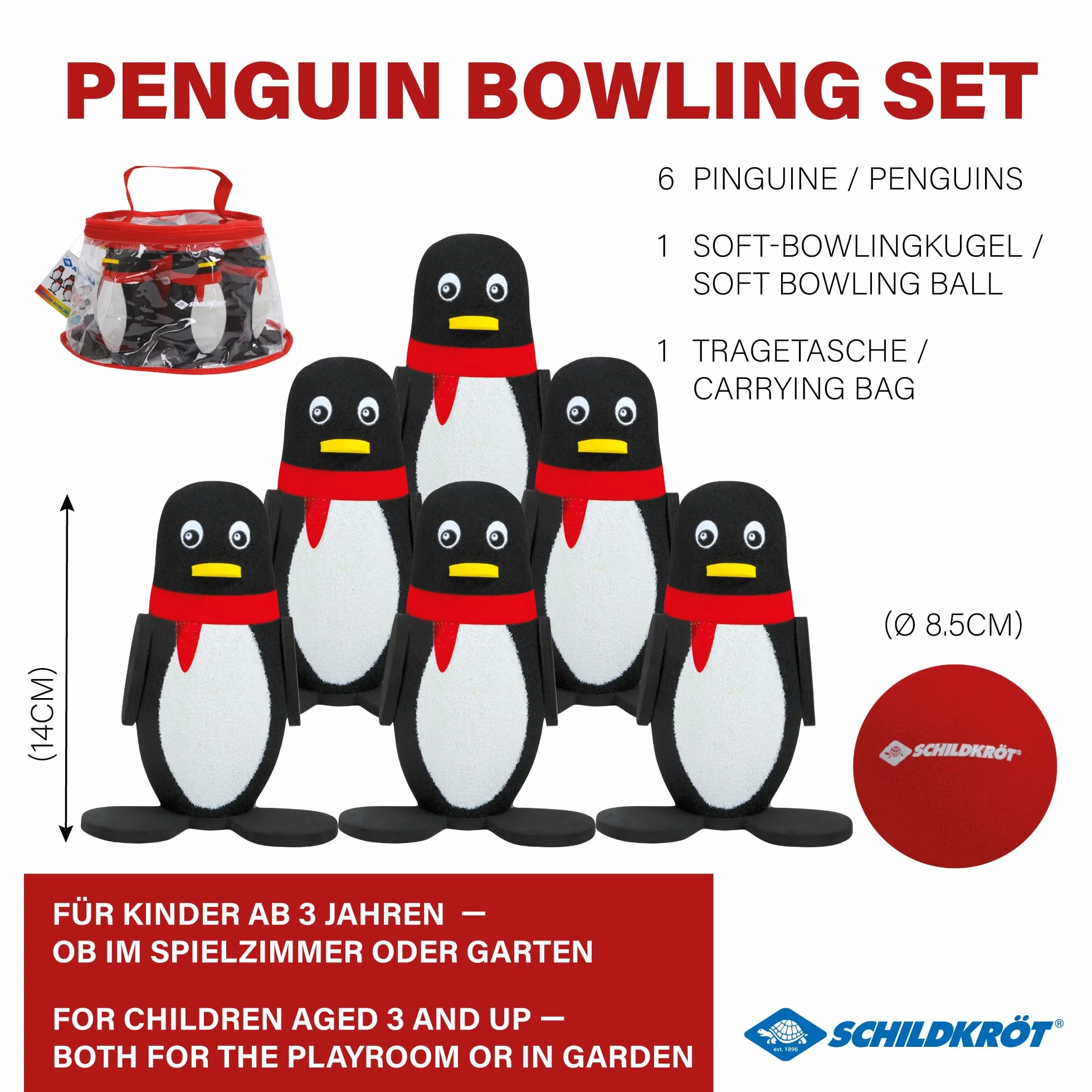 Schildkröt® Pingwin Soft Bowling zestaw do kręgli, do użytku wewnątrz i na zewnątrz, składający się z 6 pingwinów o stabilnej pozycji i miękkiej kuli, 970303