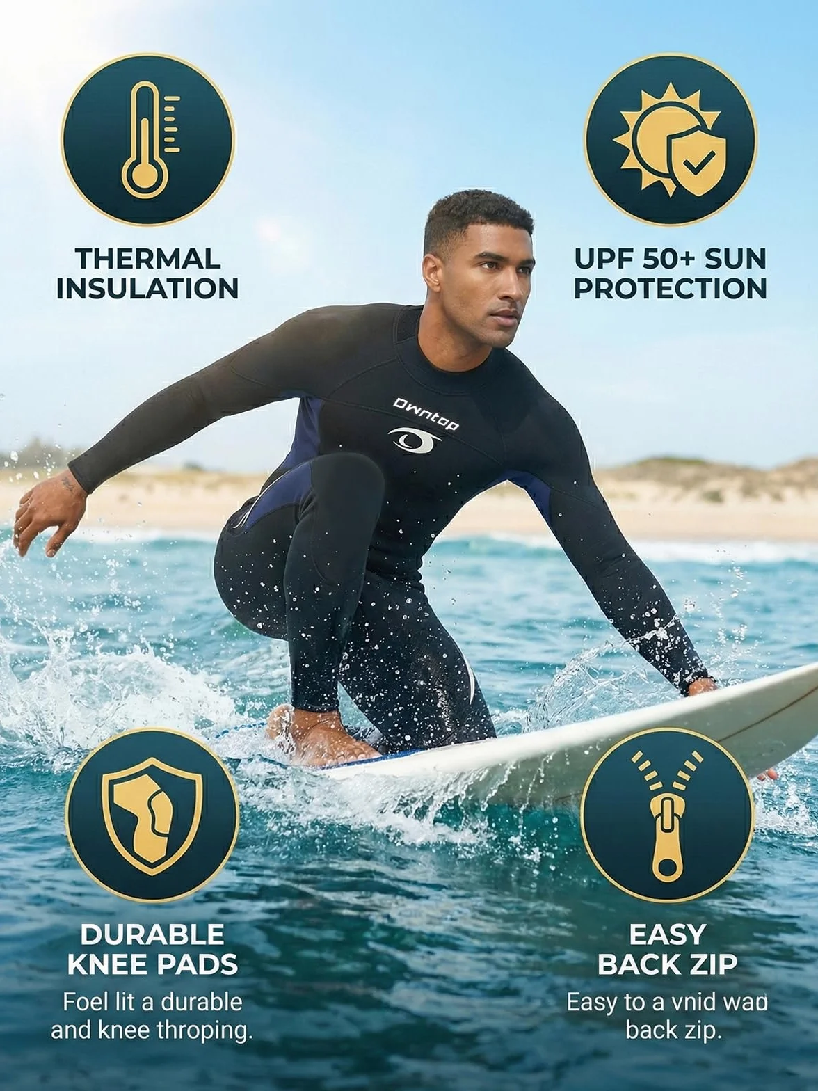 Owntop Męski Pełna Długość Piankowego Kombinezonu 3/2mm, Ultra Elastyczny Zimowy Kombinezon Z Długim Rękawem, Kombinezon do Surfingu i Nurkowania z Neoprenu dla Dorosłych