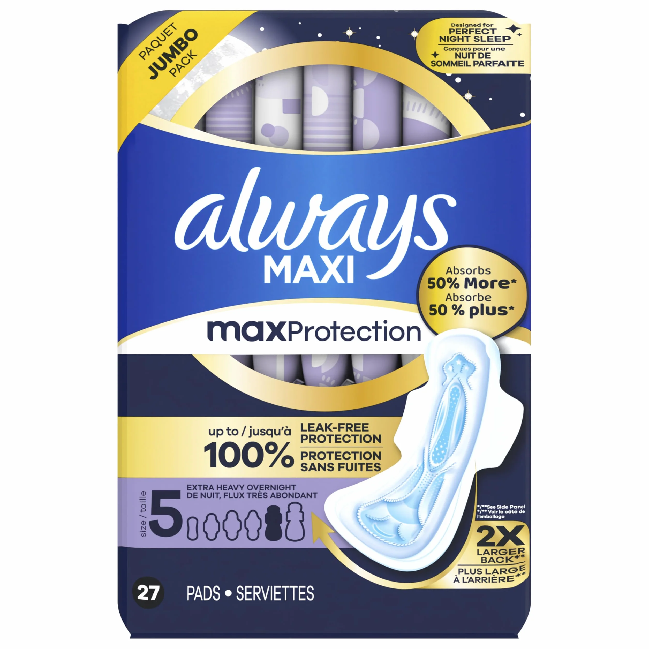 Always Maxi, Größe 5, extra schwere Overnight-Einlagen mit Flügeln, geruchlos, 27 Stück, Verpackung kann variieren