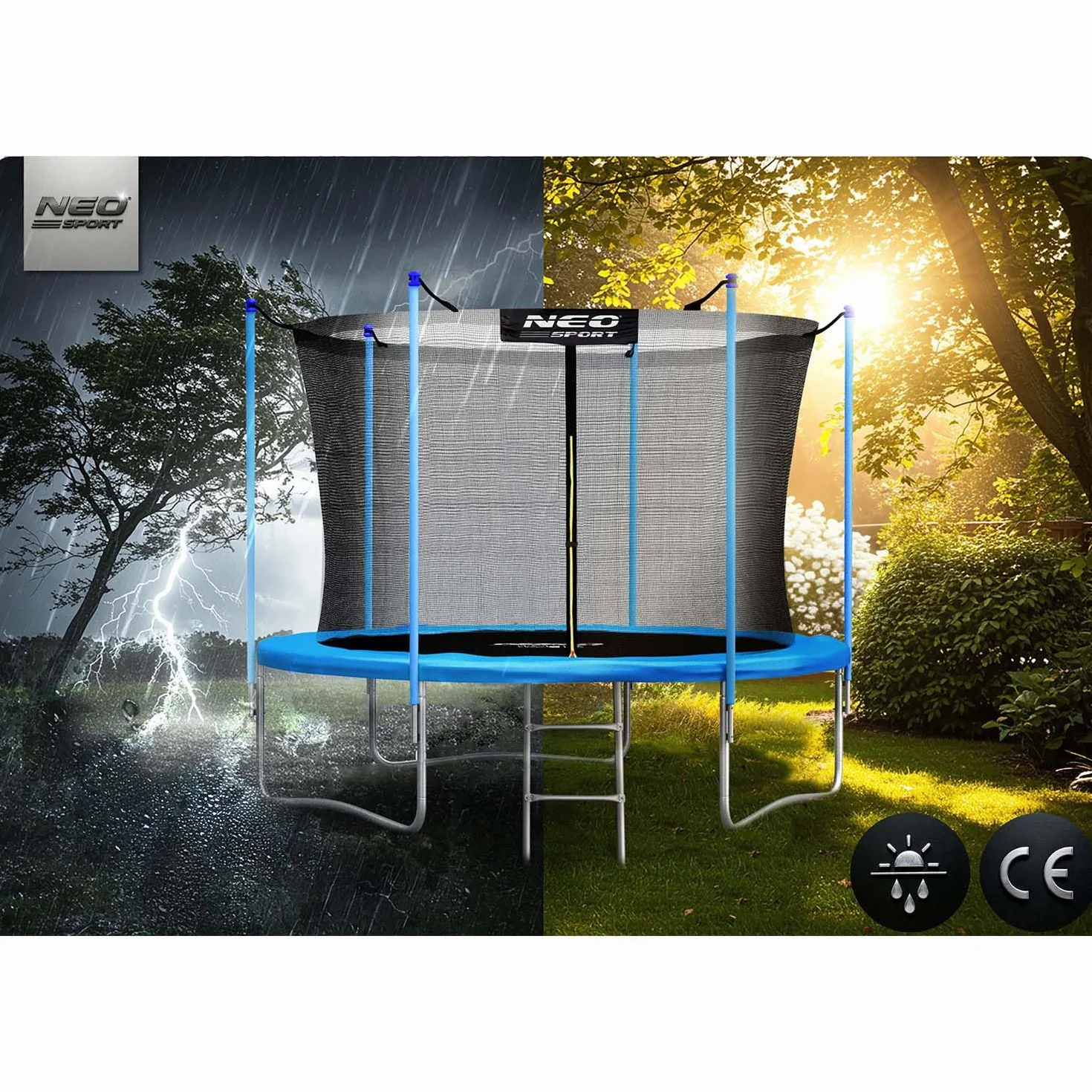 Neo-Sport Trampolina Ogrodowa Trampolina Dla Dzieci Z Siatką Wewnętrzną i Drabinką 252 cm 8 ft Niebieski Czarny