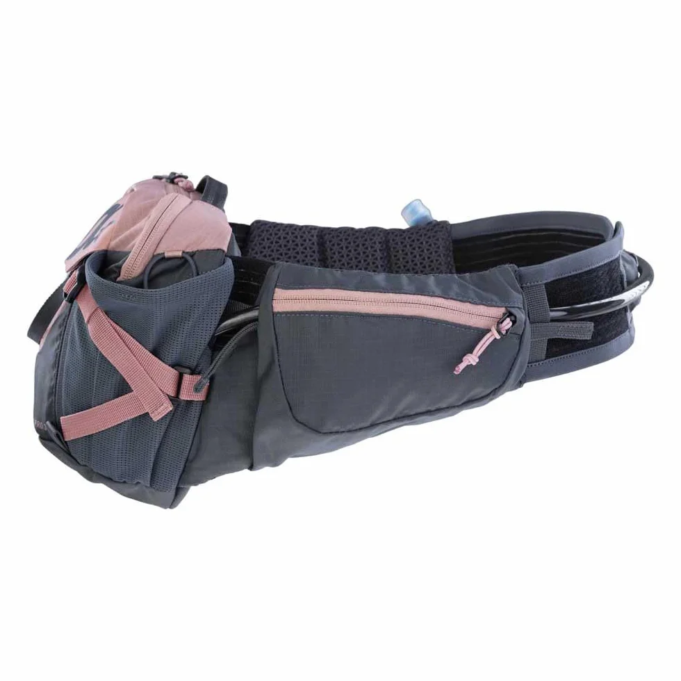 EVOC HIP PACK PRO 3 + HYDRATION BLADDER 1.5, saszetka biodrowa (AIR FLOW CONTACT SYSTEM, pas biodrowy AERO FLEX, w tym 1,5l bukłak i uchwyt na butelkę, One Size), Dusty Pink - Carbon Grey