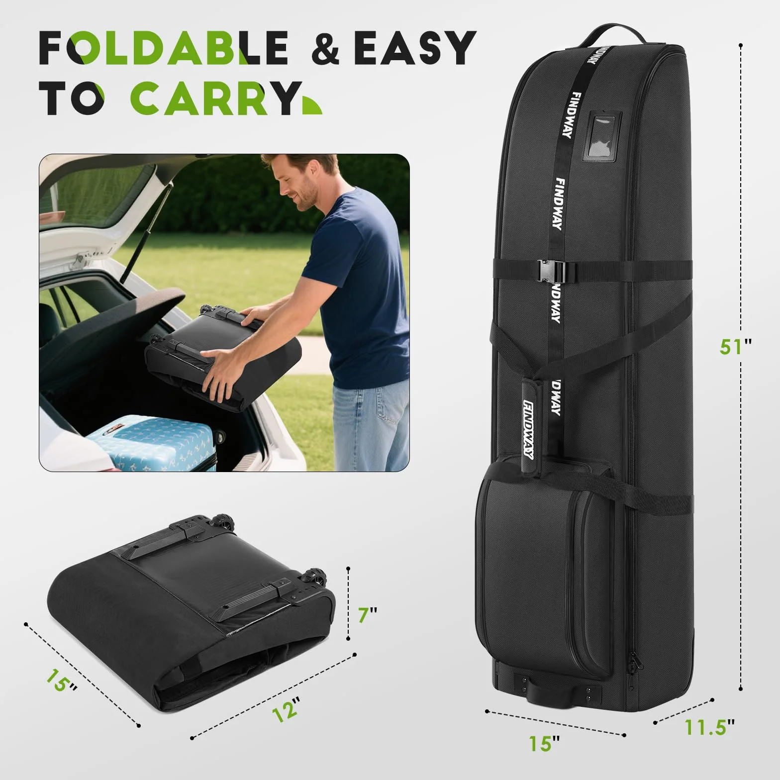 Findway Torba podróżna golfowa z kółkami, wodoszczelna, wytrzymała tkanina Oxford 900D, wyściełana torba lotnicza premium ze zdejmowaną podkładką do ochrony klubu lotniczego