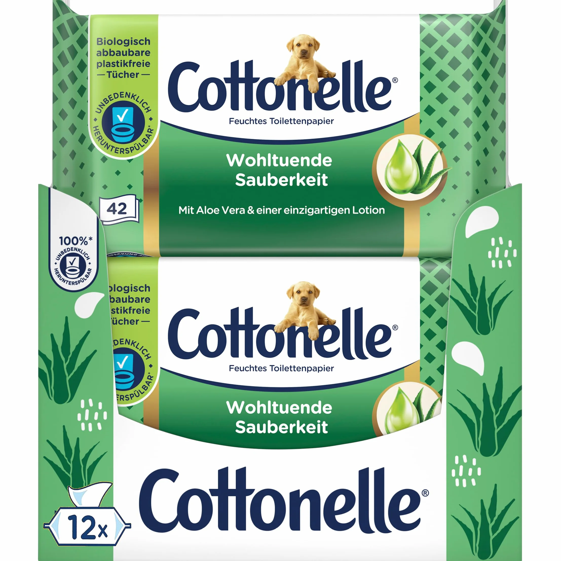Cottonelle Wilgotny papier toaletowy, kojąca czystość, z balsamem prebiotycznym, biodegradowalny, nie zawiera plastiku, możliwość ponownego zamknięcia, 12 x 42 chusteczki nawilżane