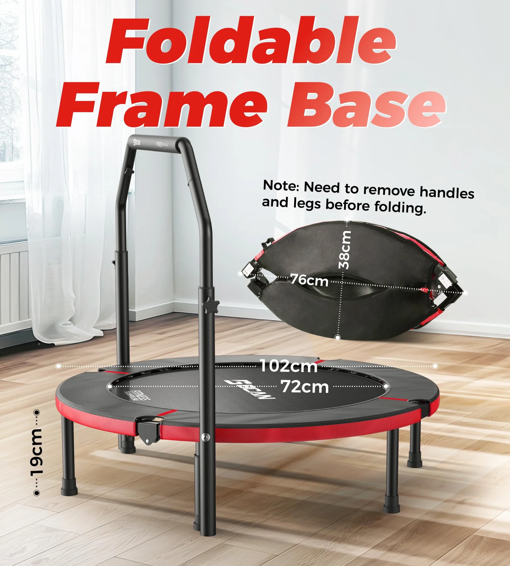 BCAN Trampolina do wnętrz, 102 cm Trampolina do skakania Fitness, składana, nośność 150 kg, wzmocniona sprężyna, regulowany uchwyt z wyściółką piankową, odpowiednia dla dorosłych i dzieci