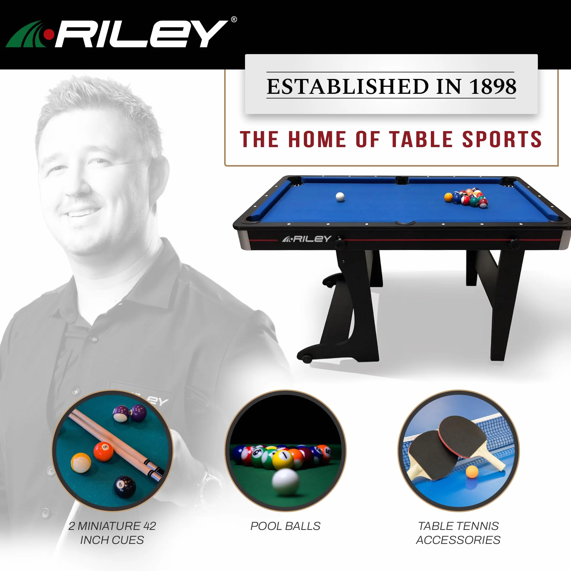 Bilard 5FT Riley składany pionowo + taca do ping ponga + 2 ogony 108 cm