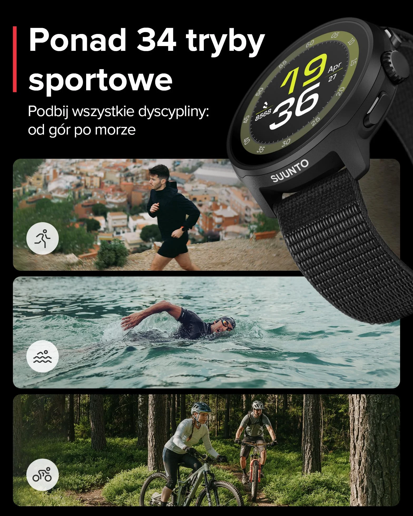 SUUNTO Run zegarek do biegania GPS AMOLED 1,32" multisport monitor aktywności śledzenie tętna/snu bateria 12 dni pamięć muzyczna 4 GB