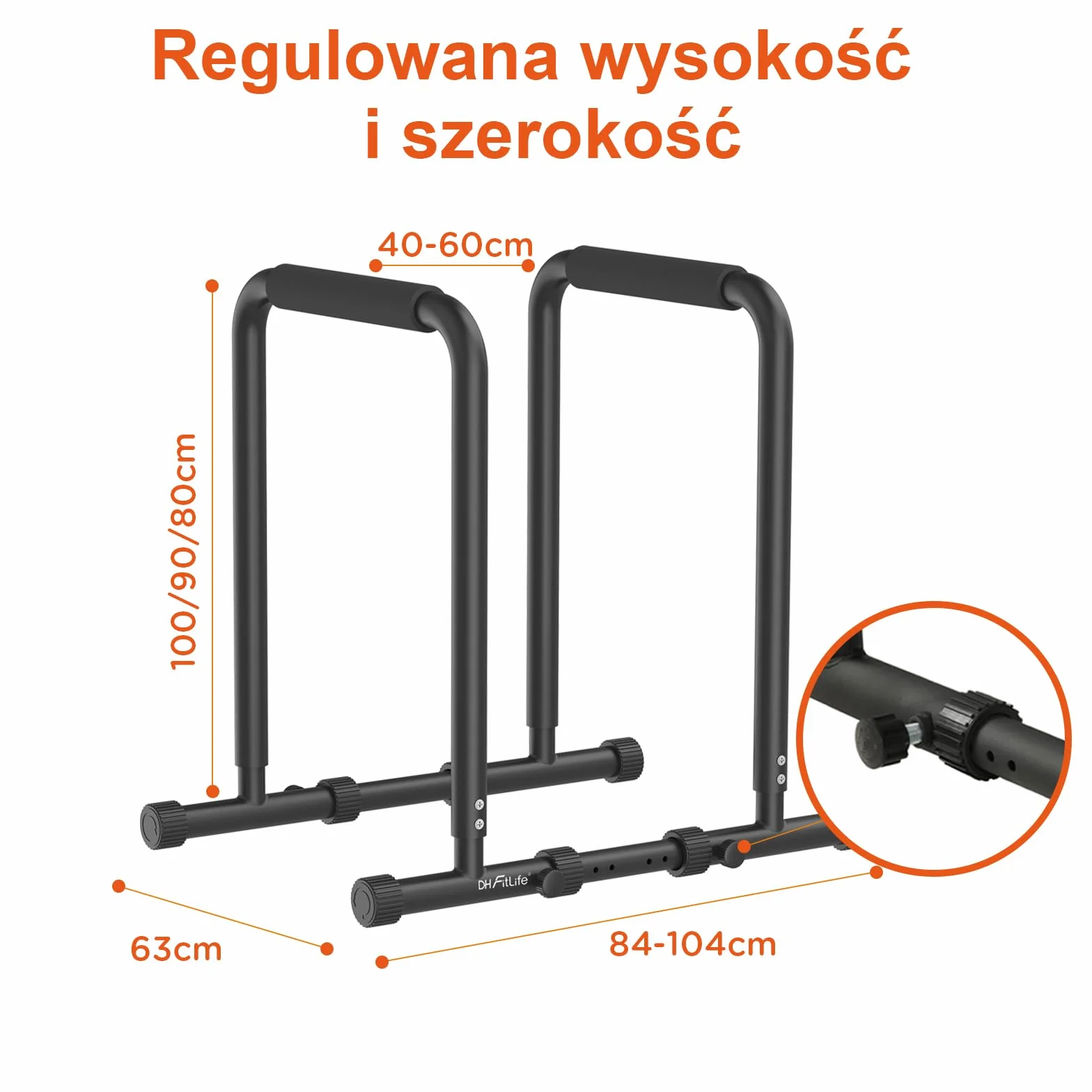 Regulowane drążki do dipów DH FitLife, stacja z 3 poziomami wysokości 80/90/100 cm, sprzęt do treningu parallette
