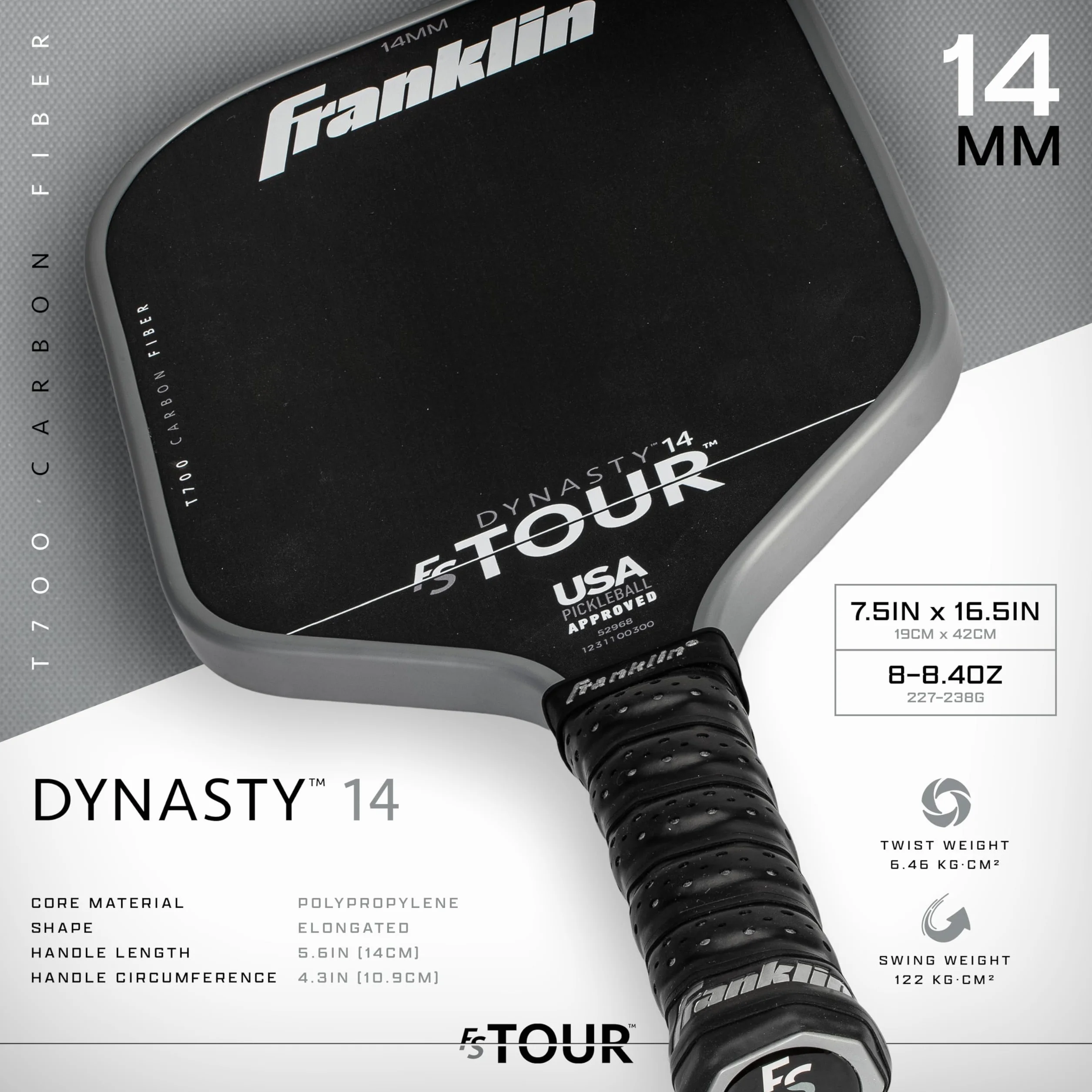 Franklin Sport Pro Pickleball wiosła, seria FS Tour z włókna węglowego, oficjalne wiosła USA Pickleball (USAPA), wiosło Dynasty Pro Player - rdzeń polimerowy 14 mm - szare