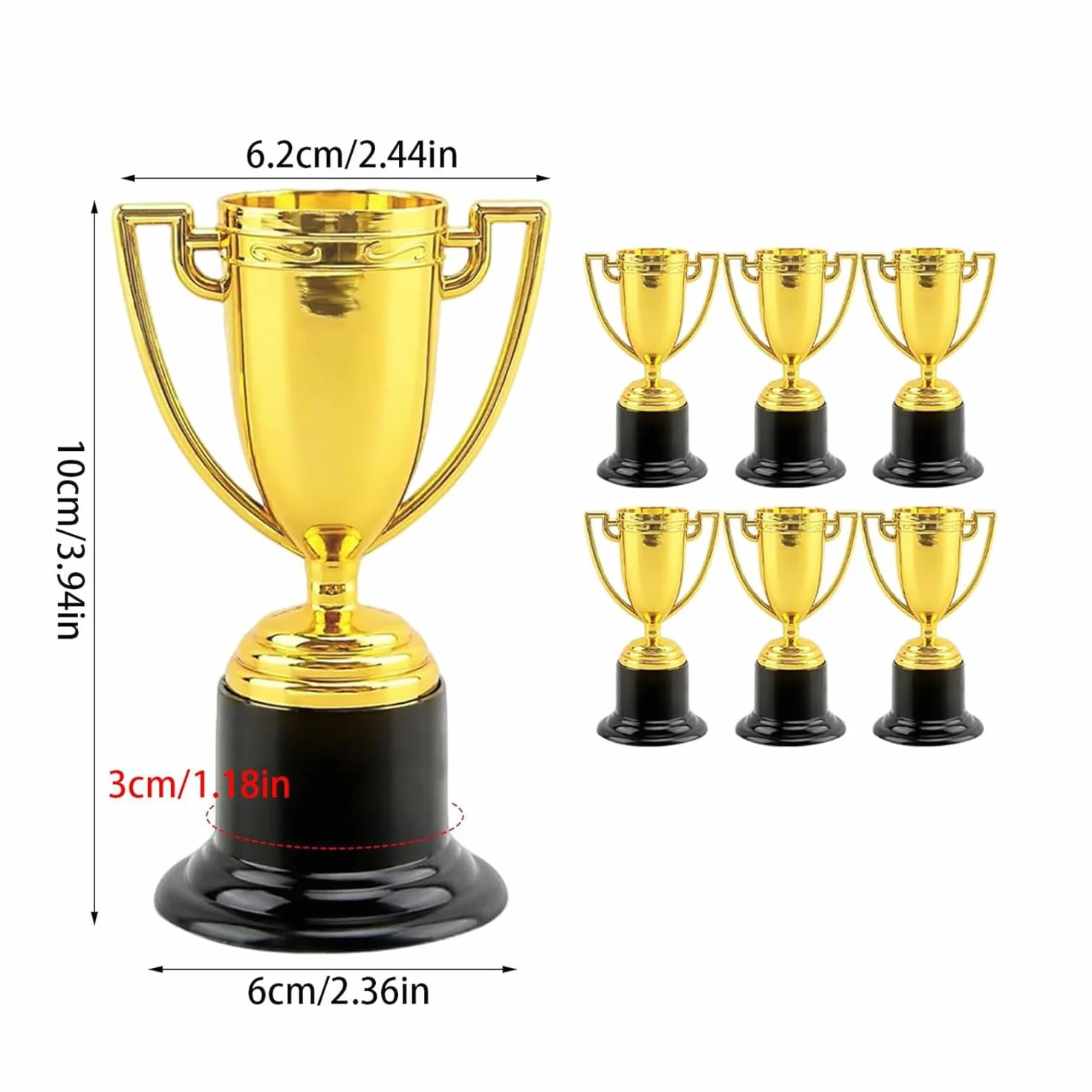 Złote mini trofea - 6 małych plastikowych trofeów na urodziny dziecka, turnieje sportowe, nagrody szkolne, prezenty imprezowe, imprezy biurowe - dekoracje i nagrody