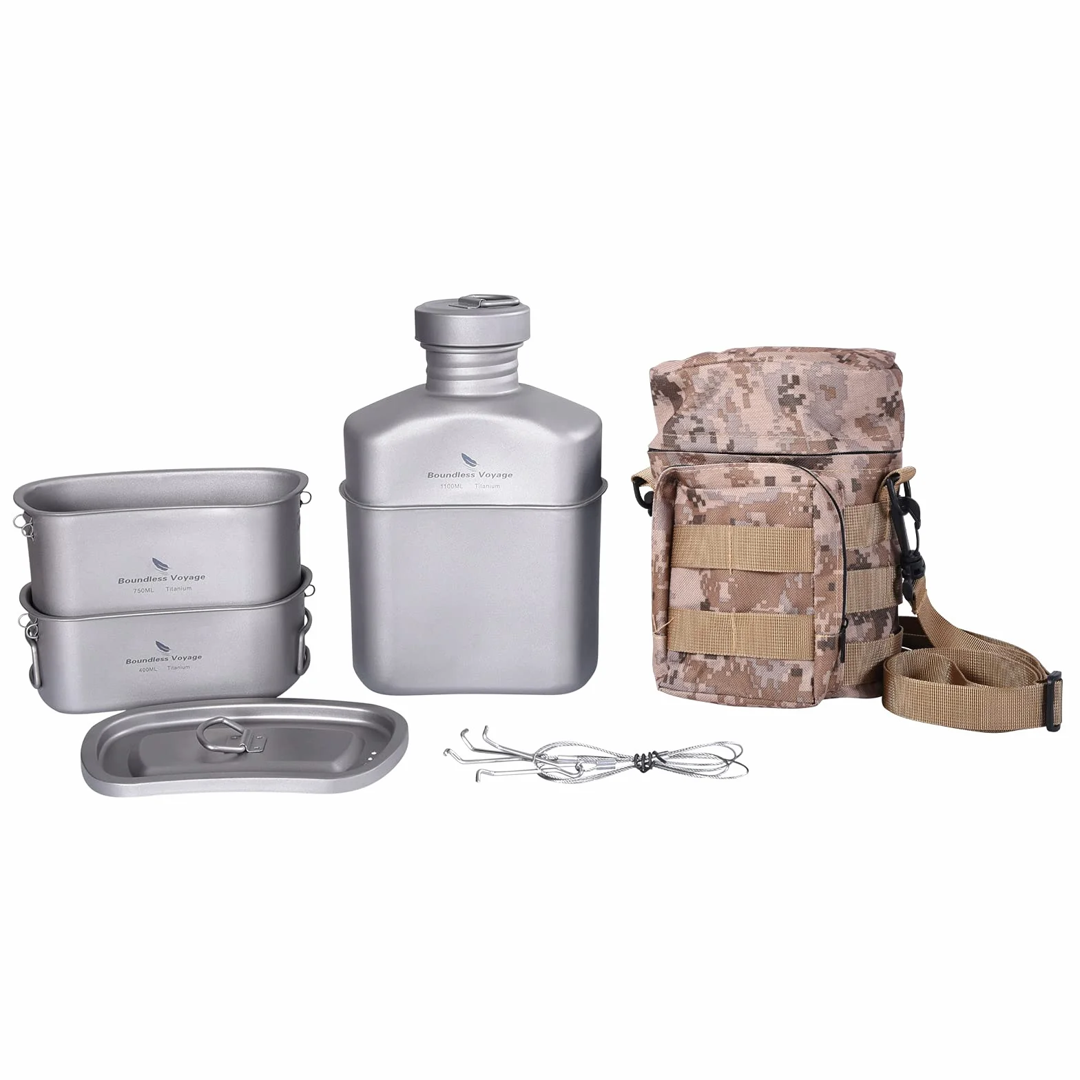Boundless Voyage Tytanowa butelka polowa 1100 ml, pojemność 750 ml, 400 ml, kubek outdoorowy, naczynia do gotowania, wojskowe, stołówka, zestaw do gotowania, butelka na wodę z nerkami, z woreczkiem