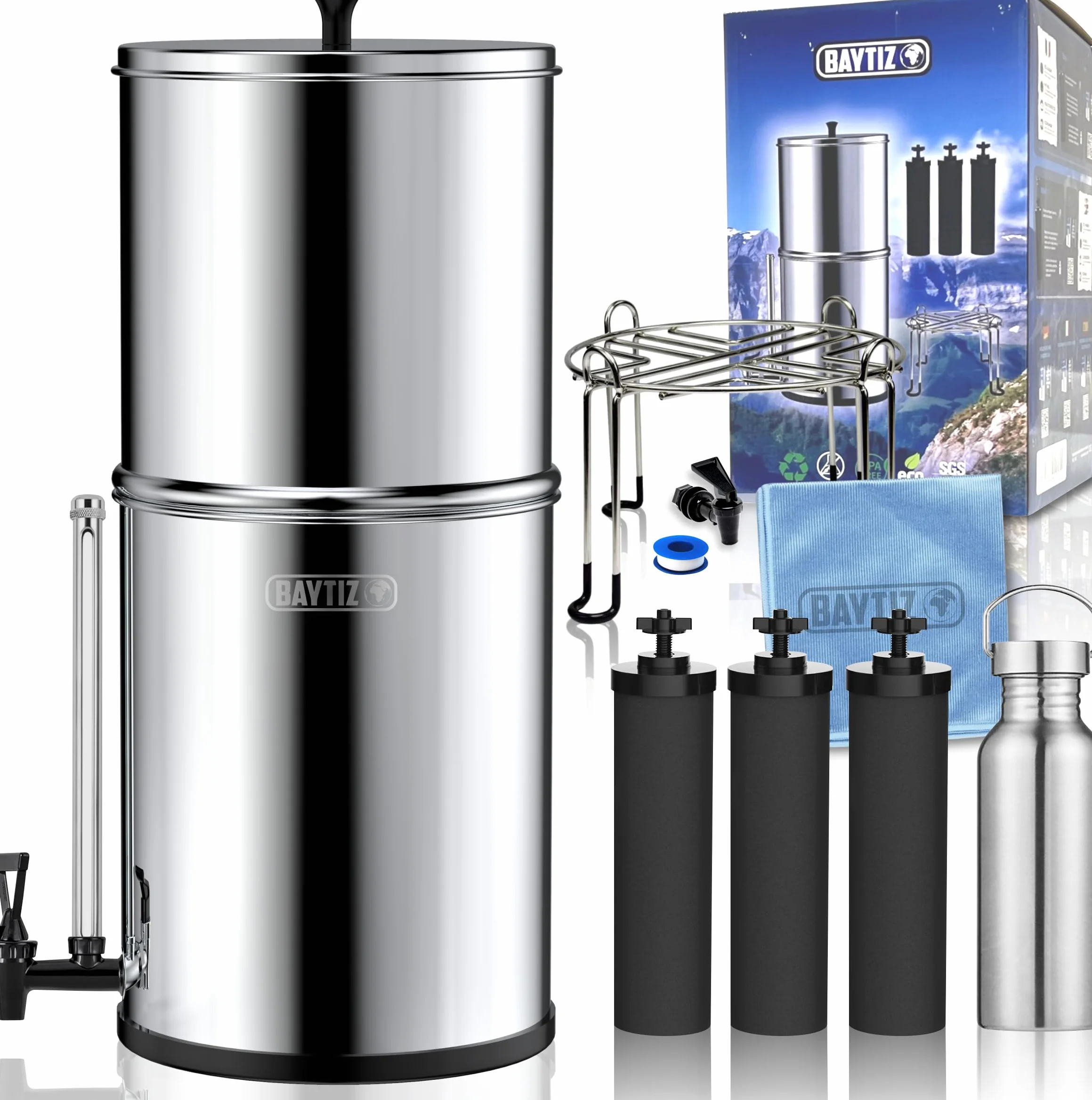 BAYTIZ ® Oczyszczacz wody grawitacyjnej 8,5 litra - filtr wody kran i deszcz z węglem aktywnym kompatybilny z Berkey - Filtracyjna fontanna wody Camping & Survival Dozownik Filtry zbiornik Brytyjskiej