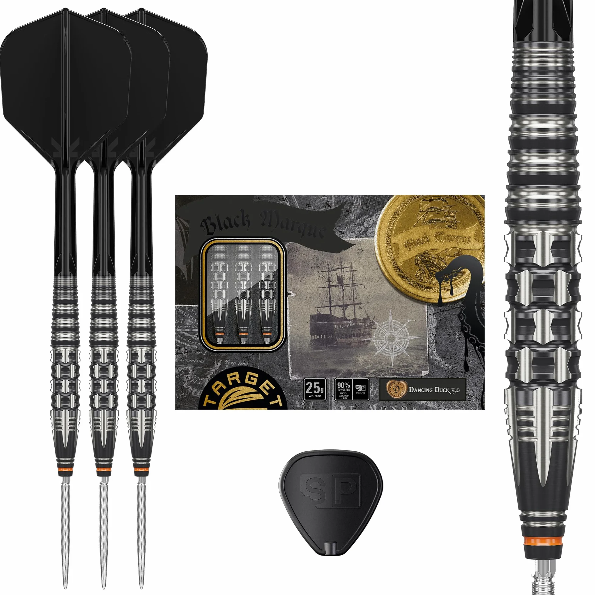 Target Japan Black Marque Max Dancing Duck G4 Steel Tip Darts with Kflex 25G | Zestaw rzutek z 90% wolframu, skrzydełka K-Flex i trzonek nr 6, groty Nano Swiss Point, Yuya Higuchi Gen 4