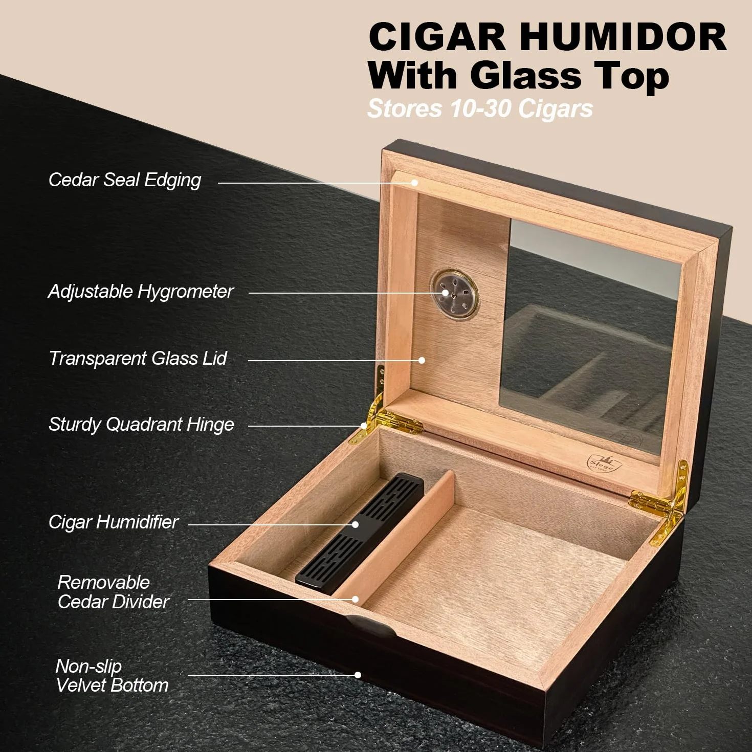 Slege Humidor cygara,pudełko cygara kubańskie cygara,szklany górny nawilżacz hiszpańskie cedrowe cygara,pojedyncza warstwa, nawilżacz powietrza,przegroda, higrometr,akcesoria cygar dla mężczyzn