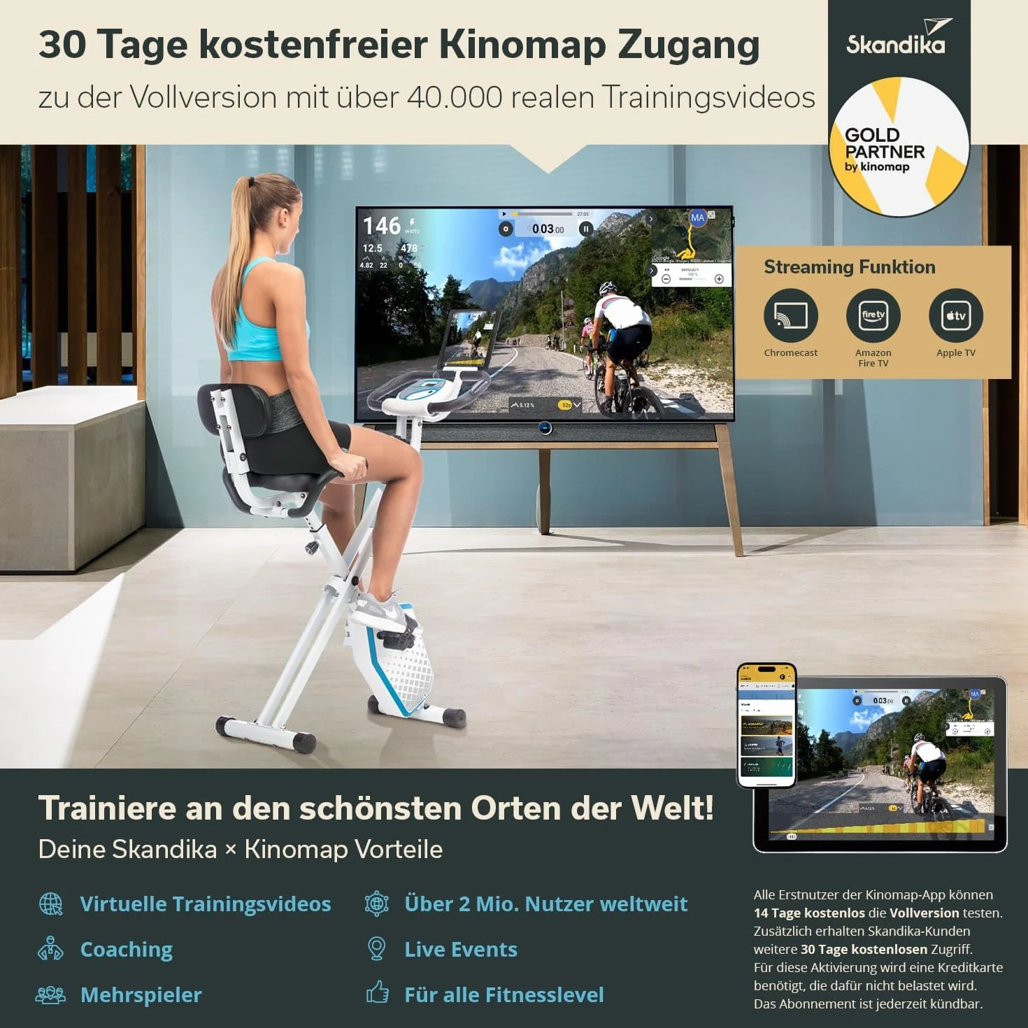 skandika Foldaway X-1000 PLUS rower treningowy X-Bike z czujnikami pulsu ręcznego, komputer, uchwyt na tablet, oparcie