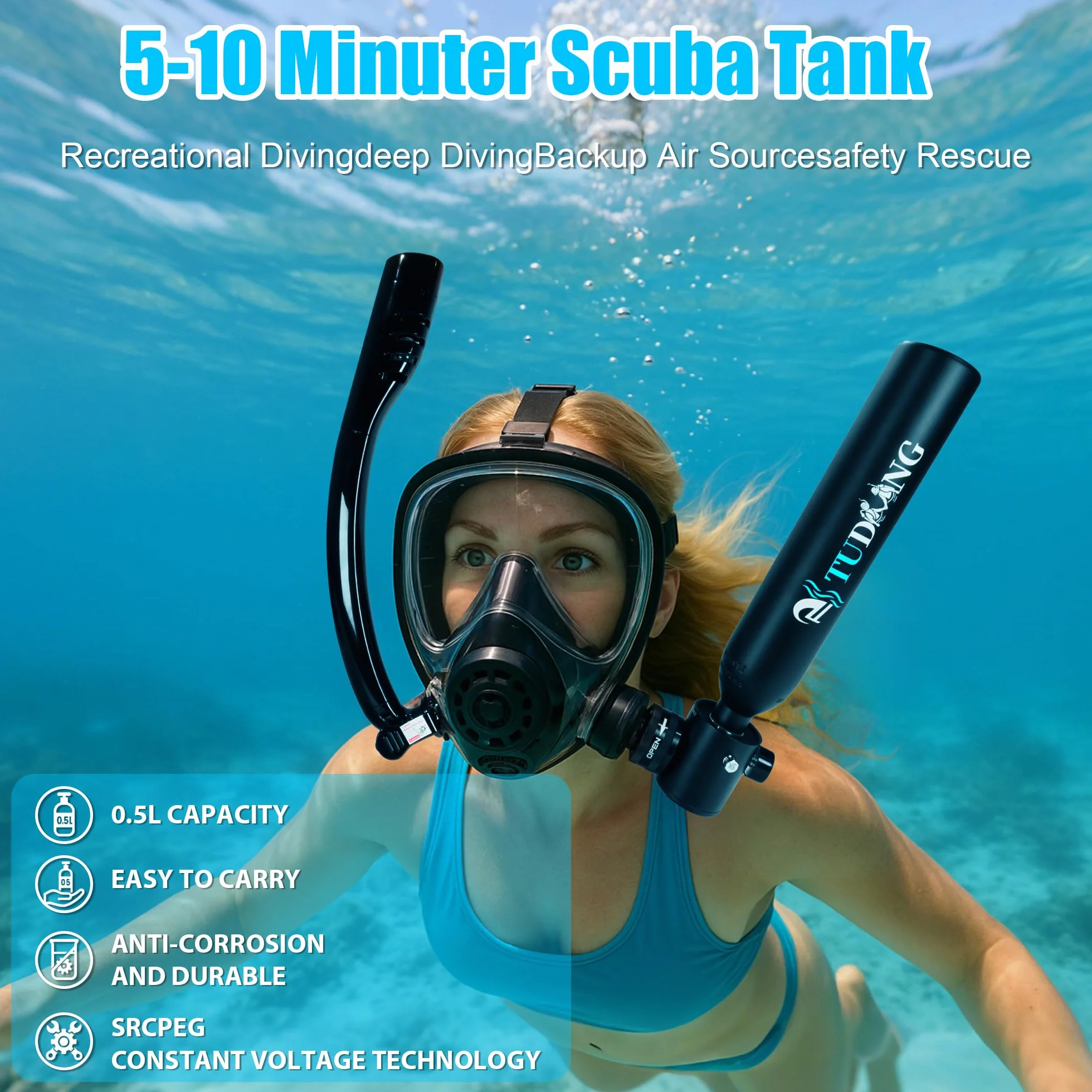 TUDIVING-Zestaw butli do nurkowania 0,5 l, miniaturowa butla tlenowa z maską do nurkowania z pełną twarzą, przenośny zestaw podróżny do nurkowania podwodnego, trening oddychania