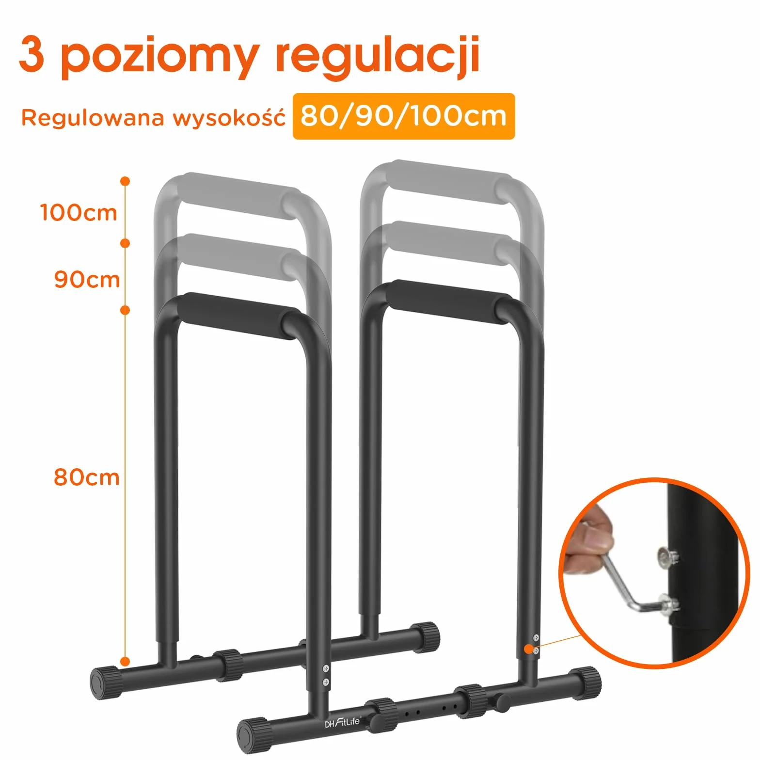 Regulowane drążki do dipów DH FitLife, stacja z 3 poziomami wysokości 80/90/100 cm, sprzęt do treningu parallette