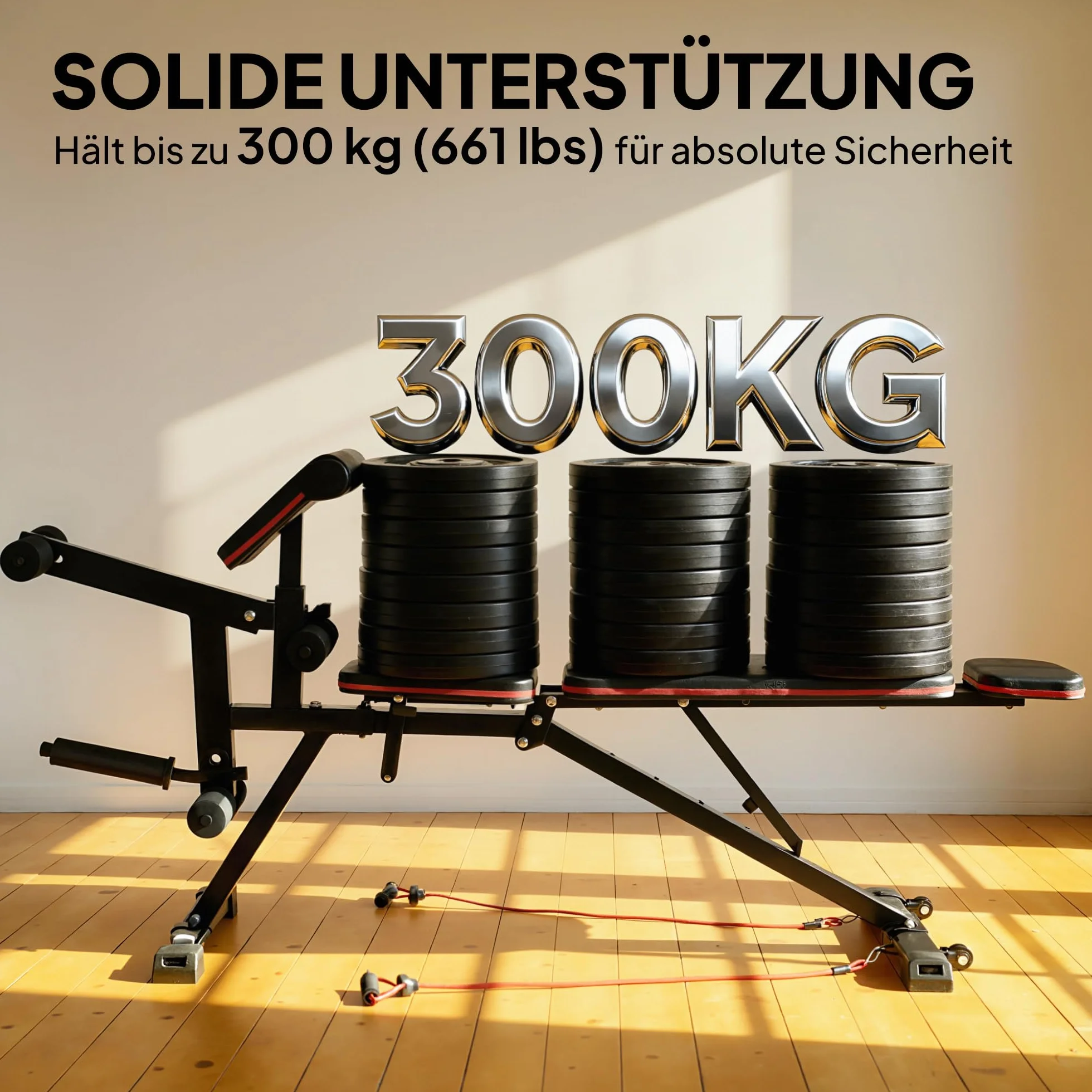 SPORTNOW Ławka do podnoszenia ciężarów, regulowana do 300 kg, 3 w 1, ławka treningowa z rolkami, prostownica do nóg, długi zagłówek, skośna ławka z taśmami oporowymi, ławka do fitnessu, do domu, na