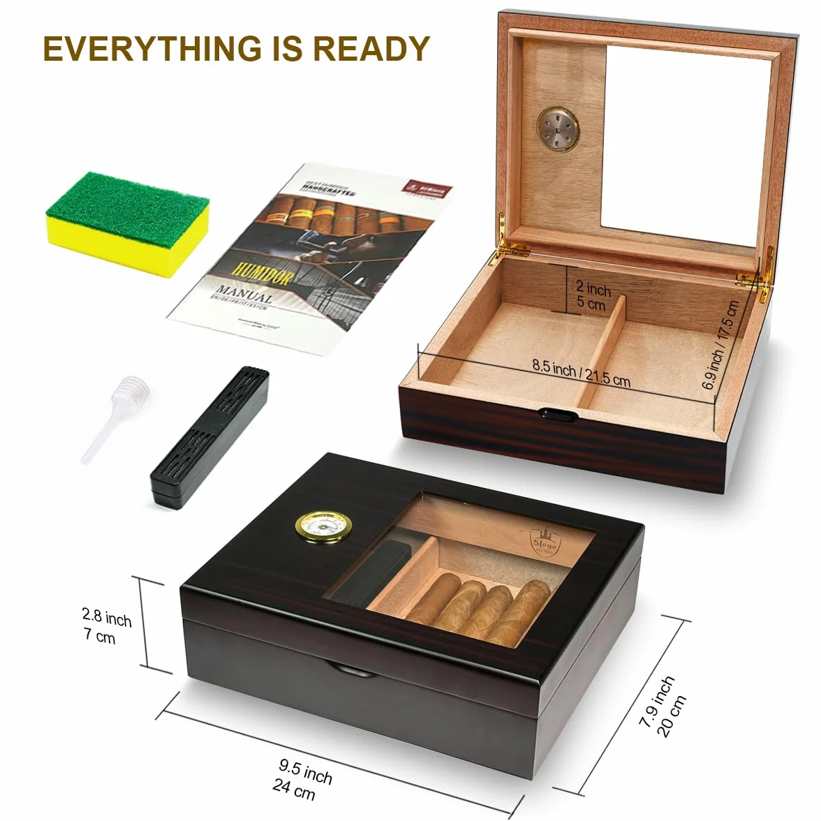 Slege Humidor cygara,pudełko cygara kubańskie cygara,szklany górny nawilżacz hiszpańskie cedrowe cygara,pojedyncza warstwa, nawilżacz powietrza,przegroda, higrometr,akcesoria cygar dla mężczyzn