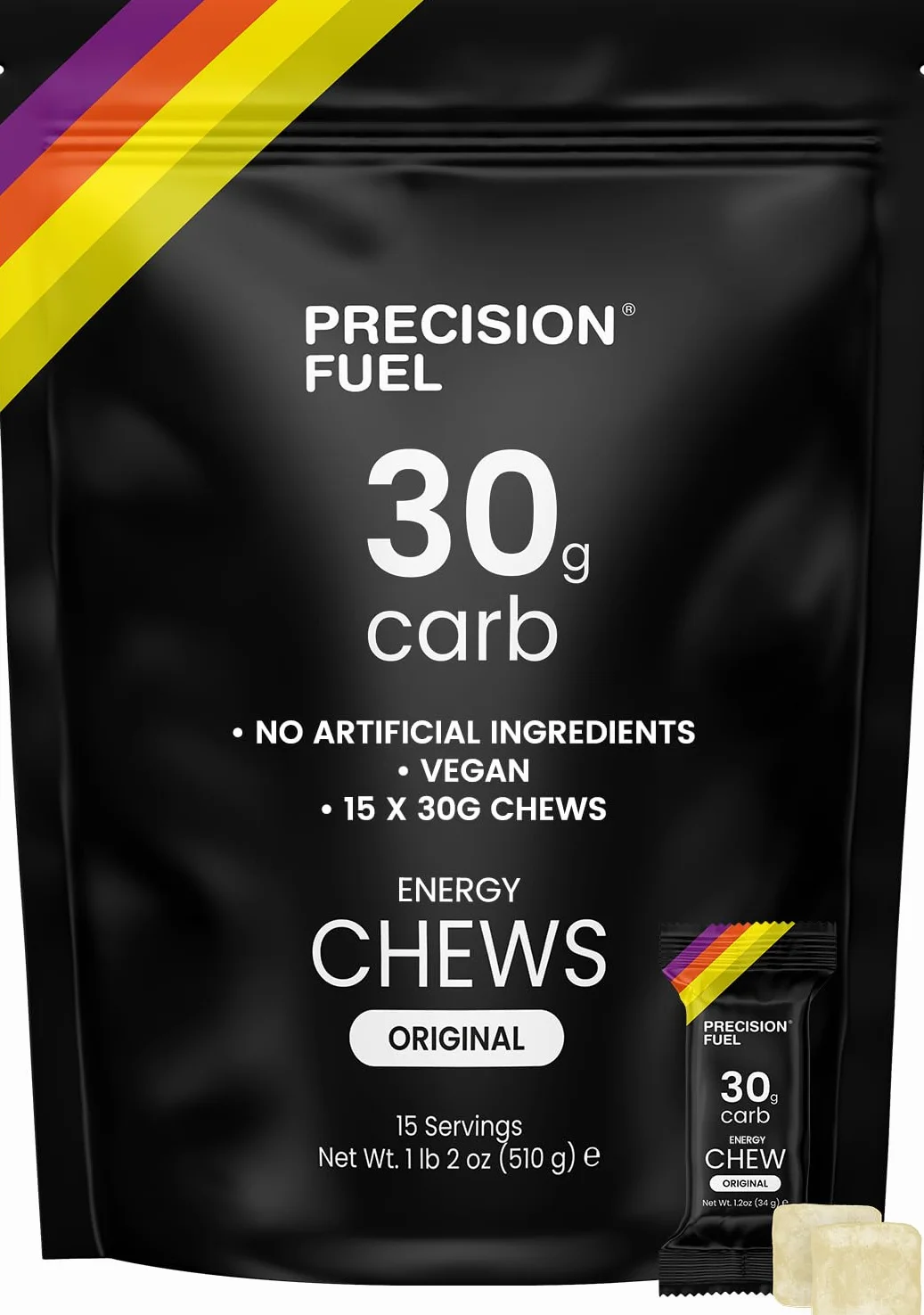 Precision Fuel PF 30 Energy Chews - Węglowodany energetyczne do sportów wytrzymałościowych, lekkie i przenośne, 30 g węglowodanów - Idealne na długie biegi - Smak oryginalny (15 x 34g Żelki)