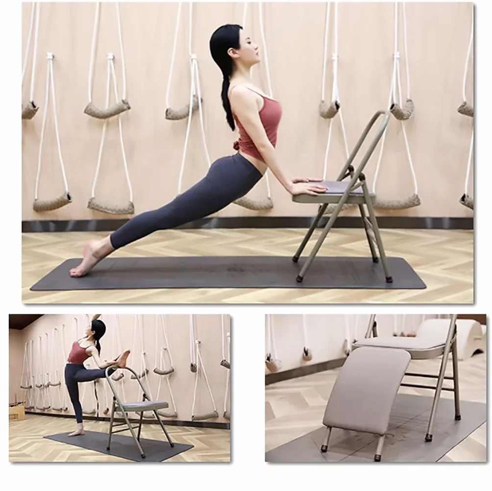 Krzesło pomocnicze do jogi z podparciem pleców lędźwiowego, składane krzesło do jogi, metalowa rama, krzesło do jogi Iyengar, krzesło do jogi pilates, krzesło do inwersji jogi, szare, czarne,