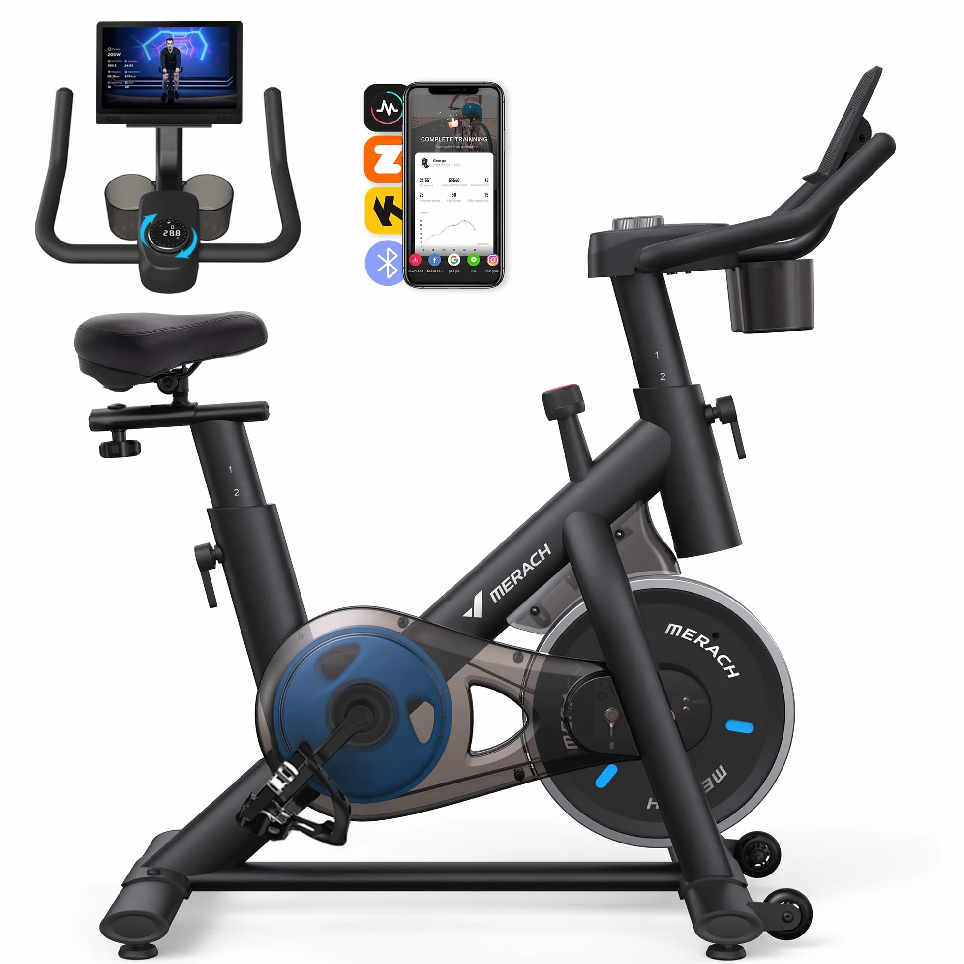 MERACH Domowy rower stacjonarny, cichy profesjonalny rower treningowy z regulowanym oporem, ekran LCD, wygodne i duże siedzenie, zastrzeżona aplikacja, idealny do domowego aerobiku, nośność 136 kg