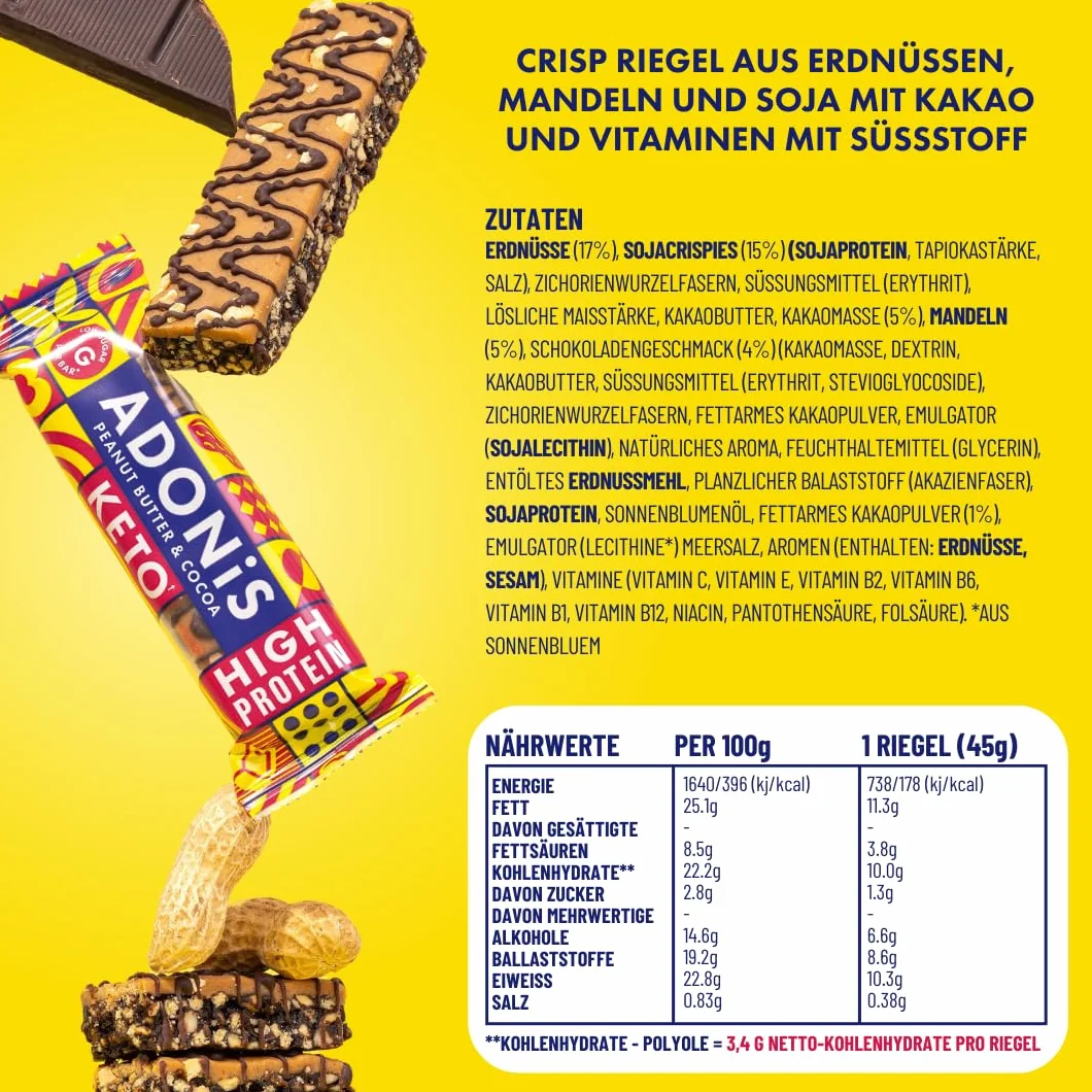 Adonis Keto Protein Bars | Peanut Butter & Chocolate Snack Bars | 100% Natural Nut Snacks, Low Carb, High in Protein, Vegan, Gluten Free, Low Sugar, Paleo (Box mit 16)