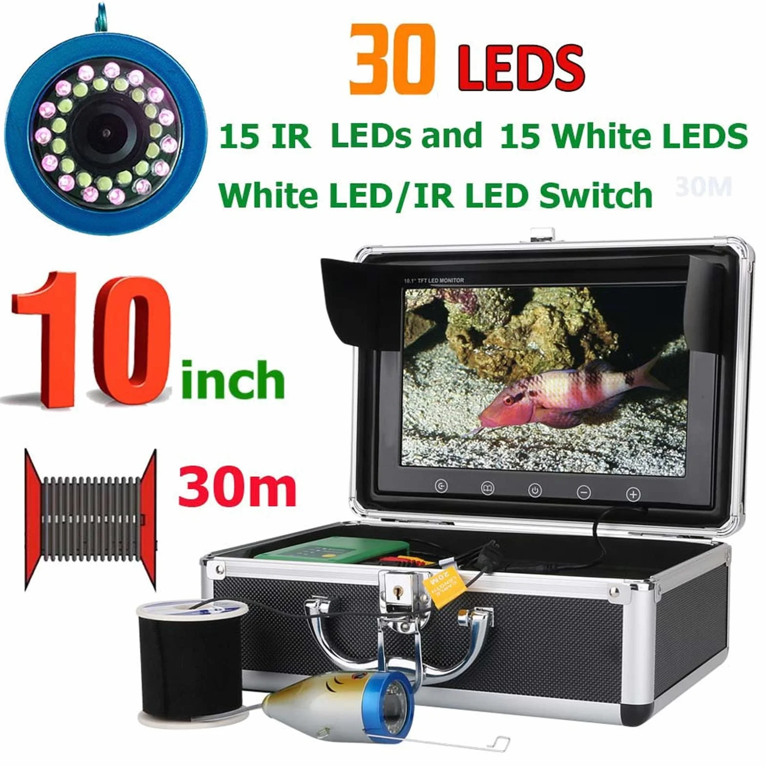 Podwodna Kamera Wędkarska 30m 10-calowy Monitor LCD 1000TVL 15 Lamp IR Wodoodporna Wykrywacz Ryb Wideo