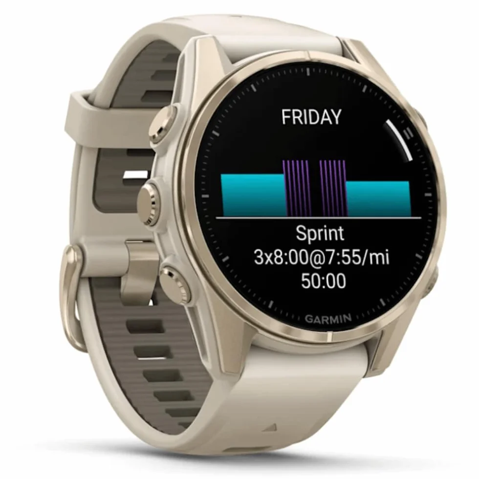 GARMIN FENIX 8-43 mm, AMOLED, SZAFIRA MIĘKKIE ZŁOTO Z SZARYM ŚMIGĄGŁYM/CIEMNYM PASEM SILIKONOWYM