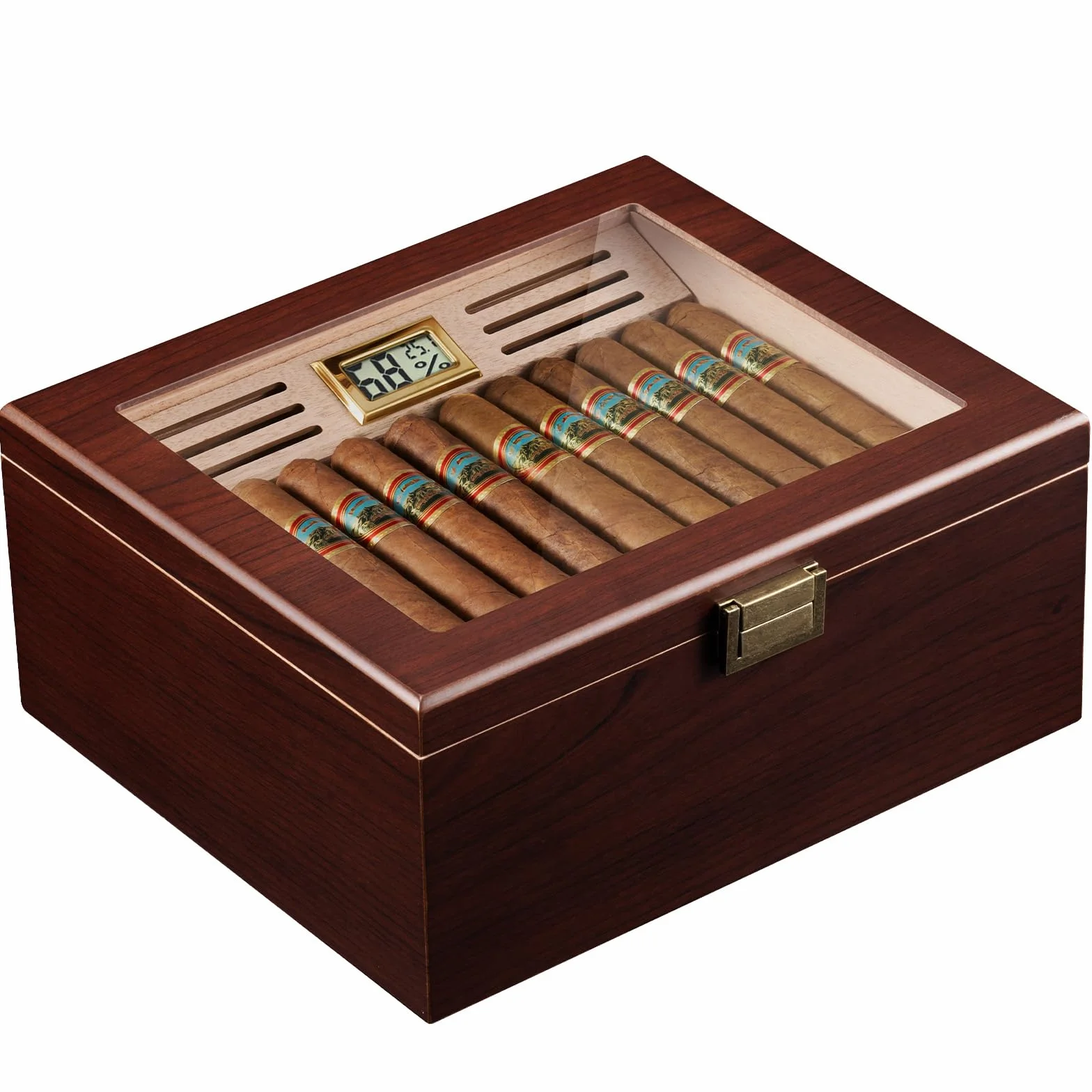 ProCase Humidor do cygar z drewna, z nawilżaczem powietrza, podszewką z drewna cedrowego, szklanym blatem, cyfrowym higrometrem, duży, brązowy