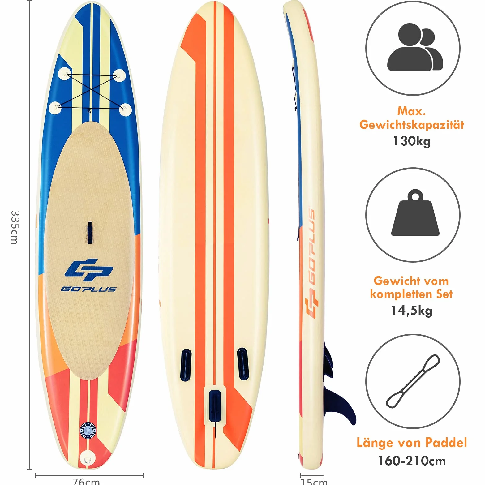 COSTWAY Deska SUP 320/335 x 76 x 15cm, nadmuchiwana deska do paddleboardingu z linką bezpieczeństwa, wiosłem, pompką, płetwą centralną, plecakiem i zestawem naprawczym