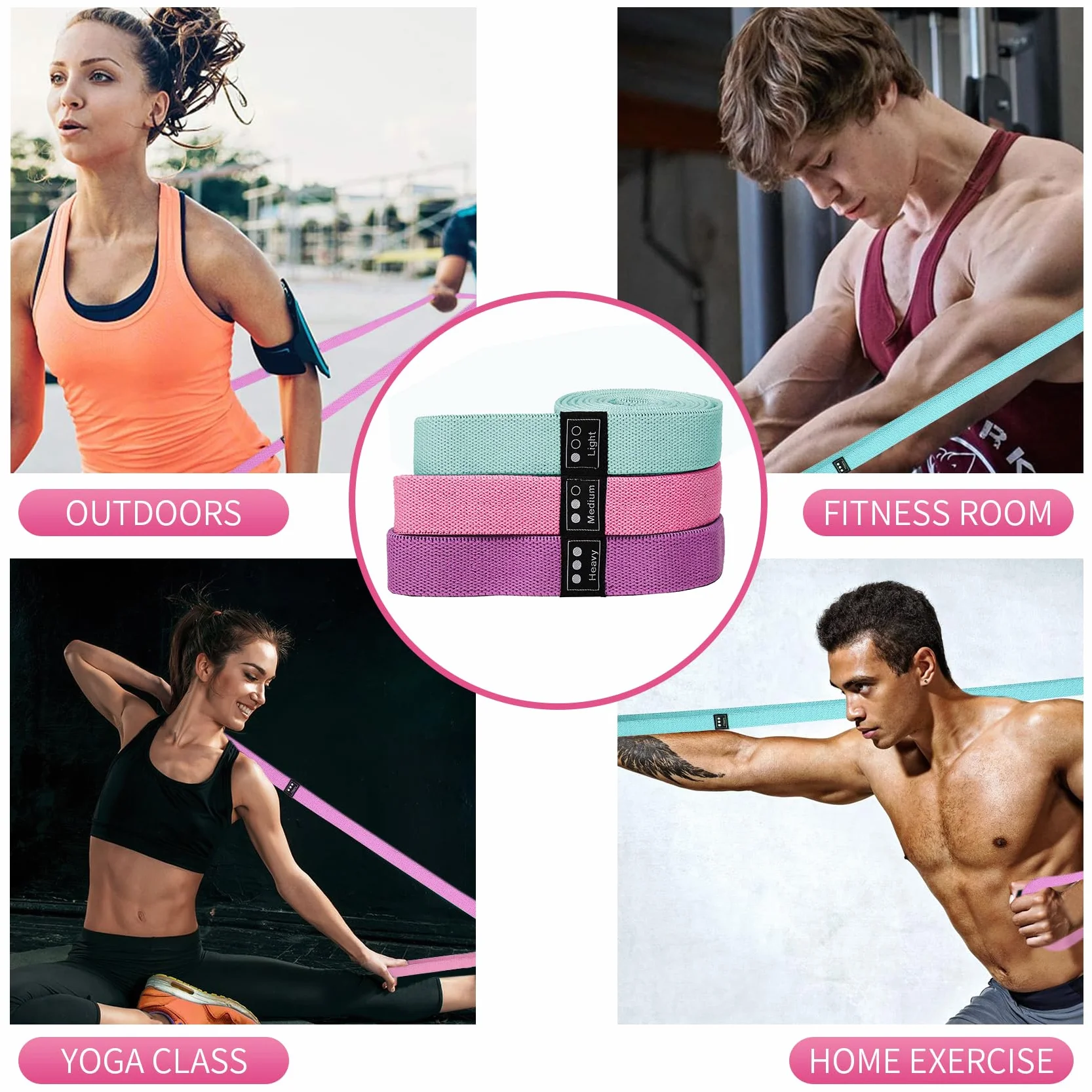Taśmy oporowe z tkaniny z 3 poziomami oporu do treningu całego ciała, dla kobiet i mężczyzn, treningu siłowego, jogi, pilatesu, fitnessu, zestaw 3 szt