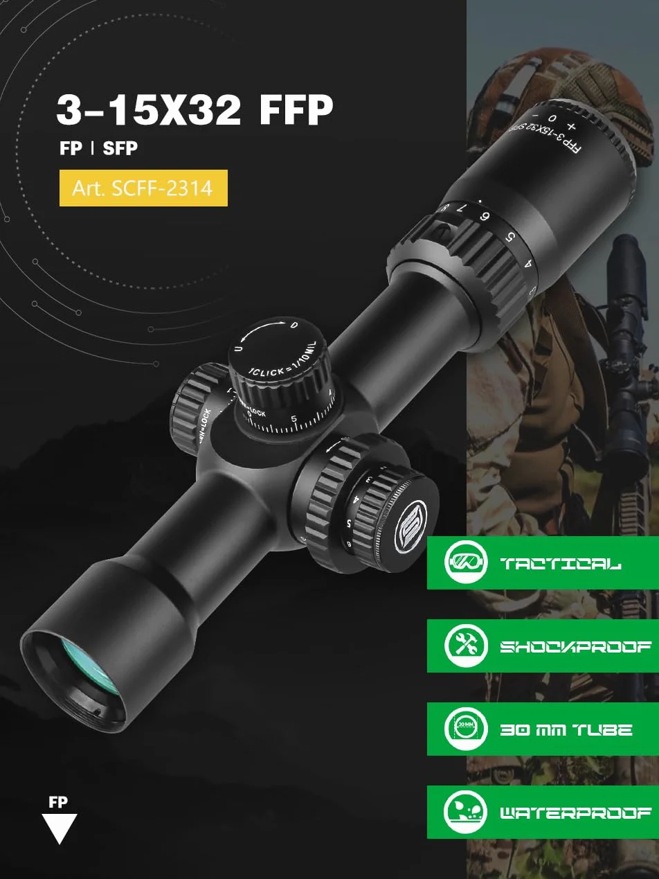 SPINA OPTICS Celownik optyczny 3-15x32 FFP dla karabinu myśliwskiego Pierwsze ogniskowe płaszczyzny taktyczne strzelby myśliwskie z RGB Mil-dot podświetlaną siatką