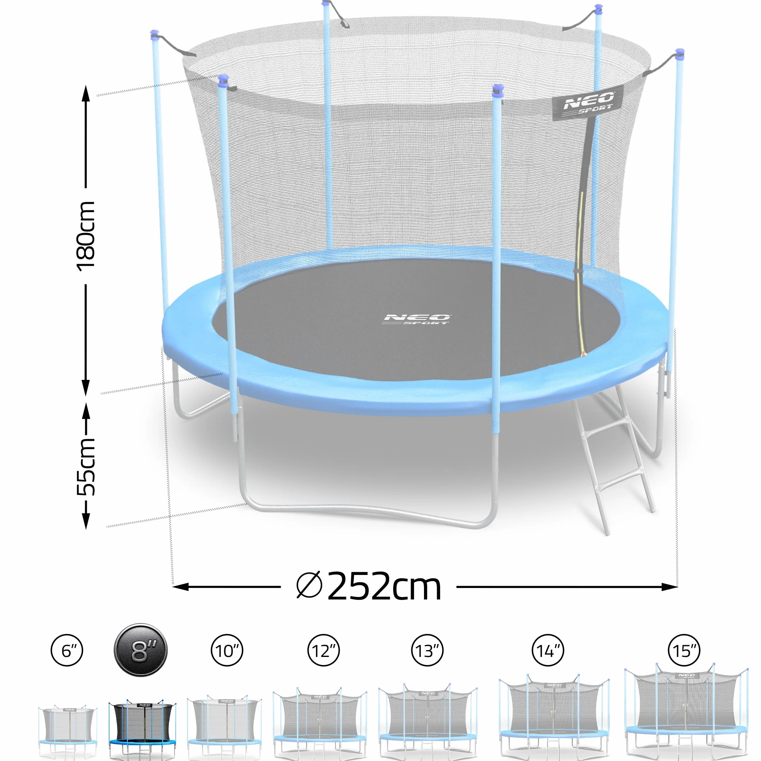 Neo-Sport Trampolina Ogrodowa Trampolina Dla Dzieci Z Siatką Wewnętrzną i Drabinką 252 cm 8 ft Niebieski Czarny