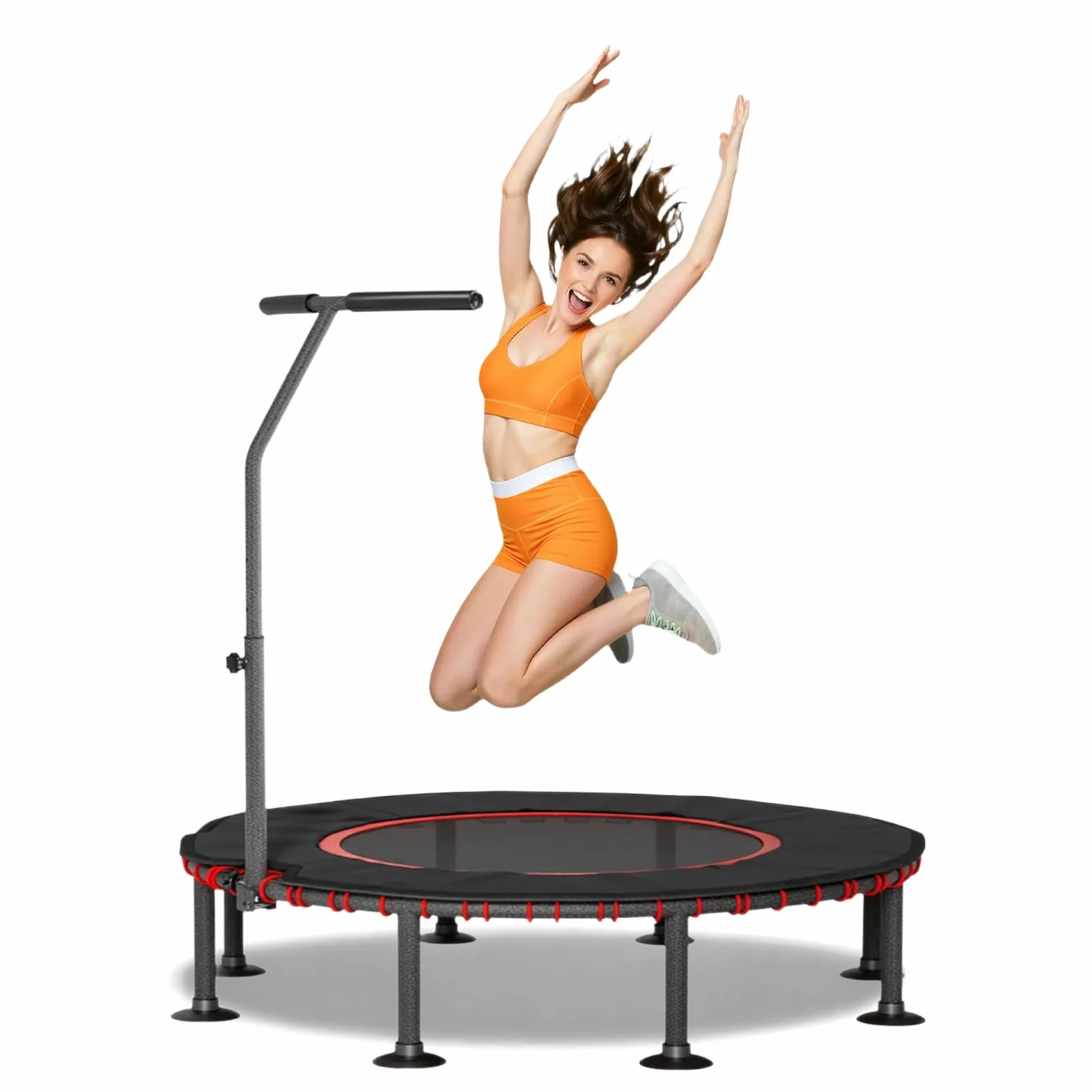 LIFERUN Trampolina fitness do użytku wewnątrz Ø 102/122 cm, mini gumowe linki, trampolina, udźwig 150 kg, wyściełany pokrowiec ochronny, regulowany uchwyt, dla dorosłych, stabilna, cicha, do domu