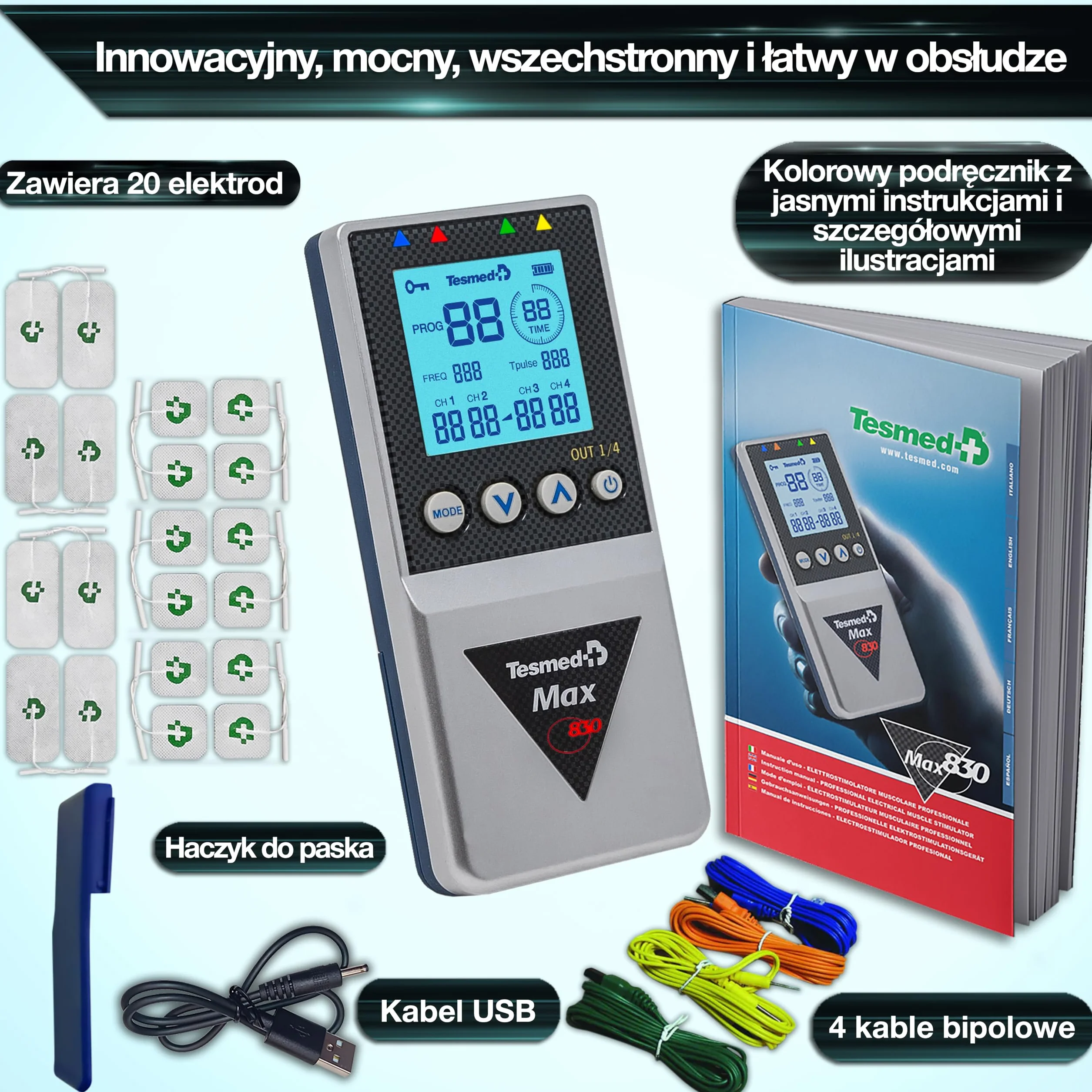 Tesmed MAX 830 elektrostymulator z 20 elektrodami TENS