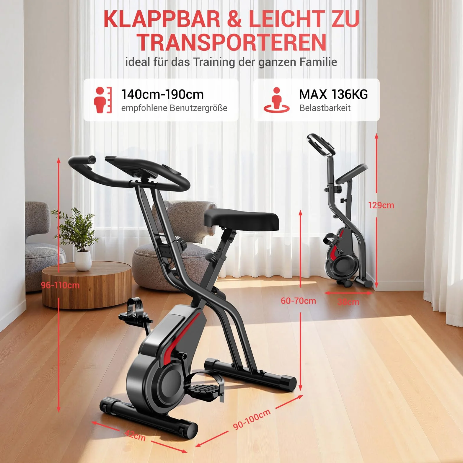 Rower treningowy składany stalowy 136 kg regulowany 140-190 cm
