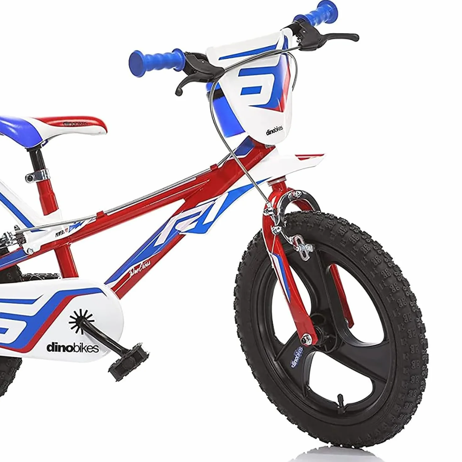 Dino Bikes Rower dziecięcy dla chłopców 14 cali z hamulcami na kierownicy, koła podporowe, czerwony, niebieski, biały