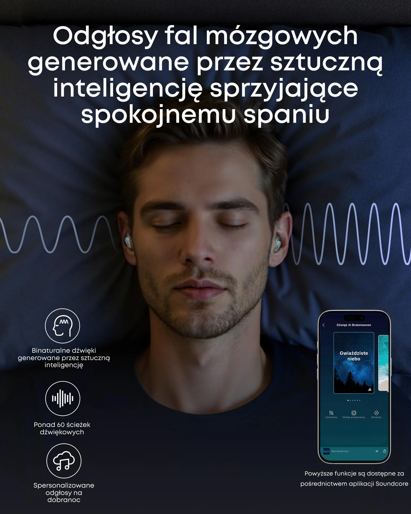 Słuchawki do spania soundcore Sleep A30 (wersja specjalna) Anker, pasywna i aktywna redukcja hałasu, maskowanie chrapania, dźwięki do zasypiania, komfort dla śpiących na boku, 10 godzin odtwarzania