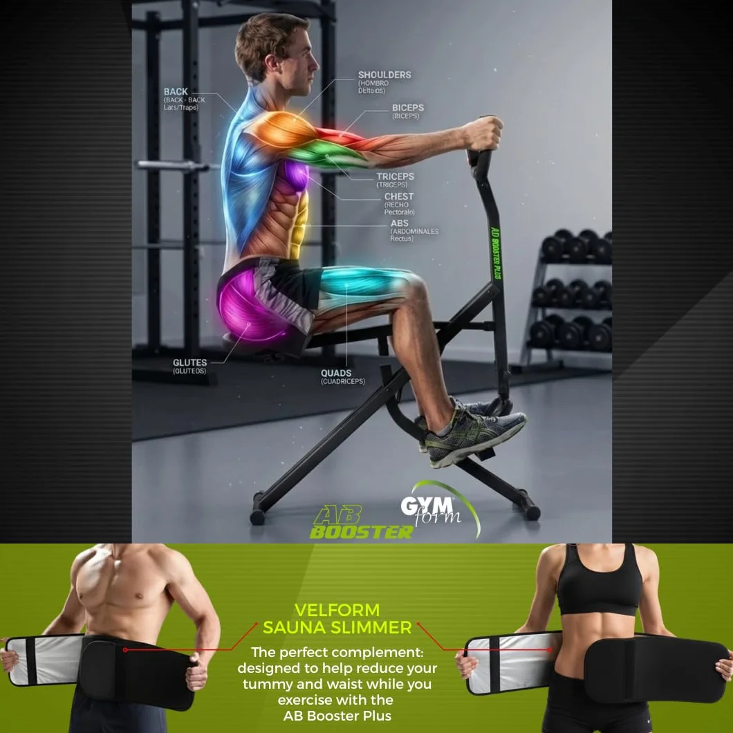 GYMFORM Ab Booster Plus + Sauna Slimmer, maszyna do budowania mięśni, pełny sprzęt treningowy, wielofunkcyjne ćwiczenia aerobowe i tonowanie, komputer + pas redukujący efekt sauny