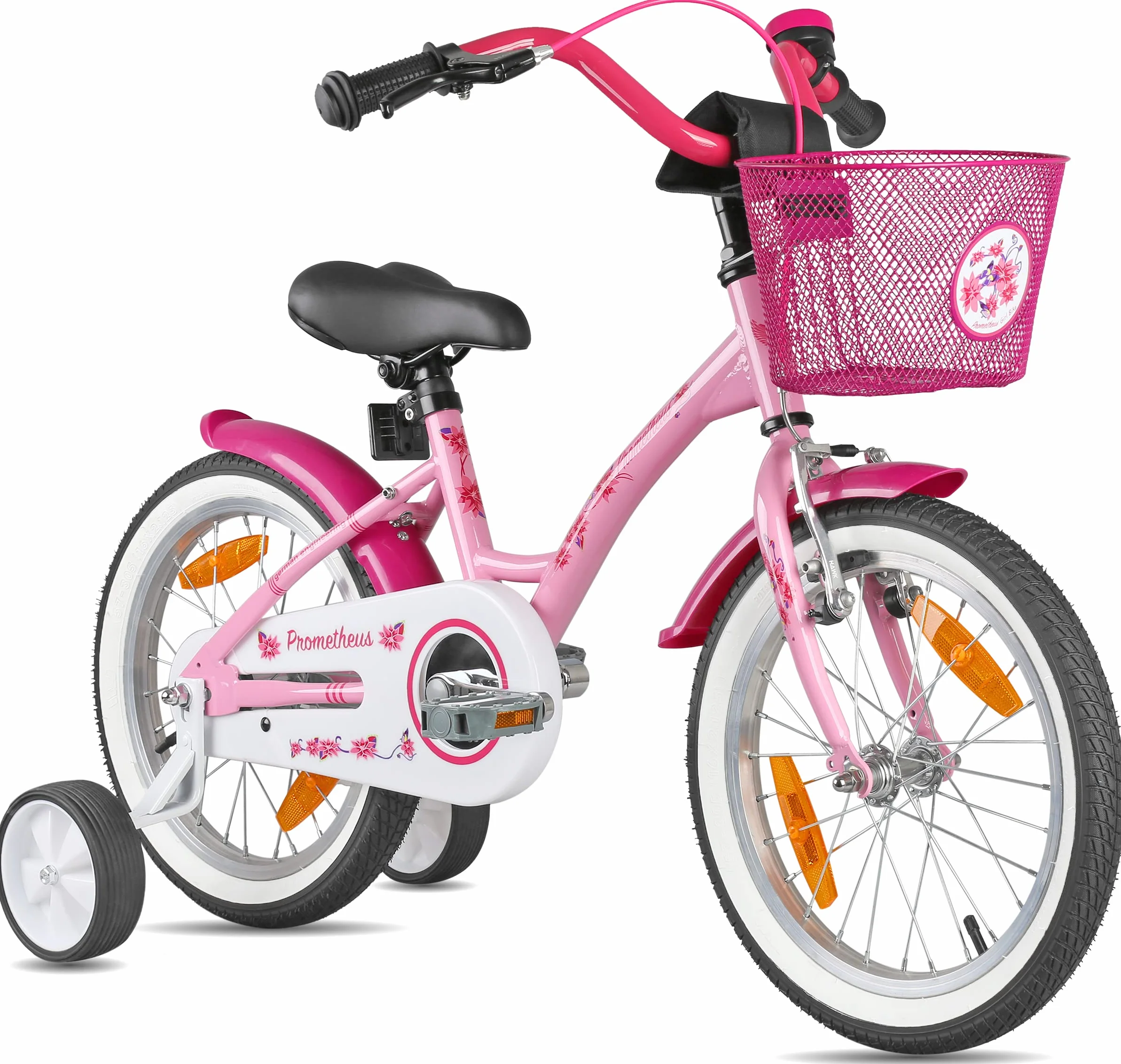 PROMETHEUS BICYCLES rower dziecięcy 16 cali dla dziewczynki z kółkami treningowymi hamulec nożny różowy