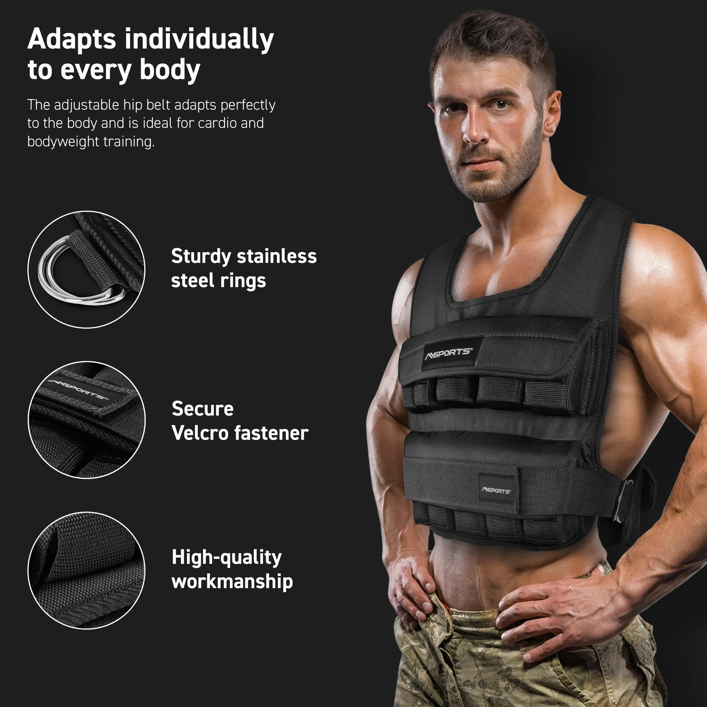 MSPORTS Kamizelka obciążeniowa premium regulowana 5-30 kg do fitnessu treningu siłowego