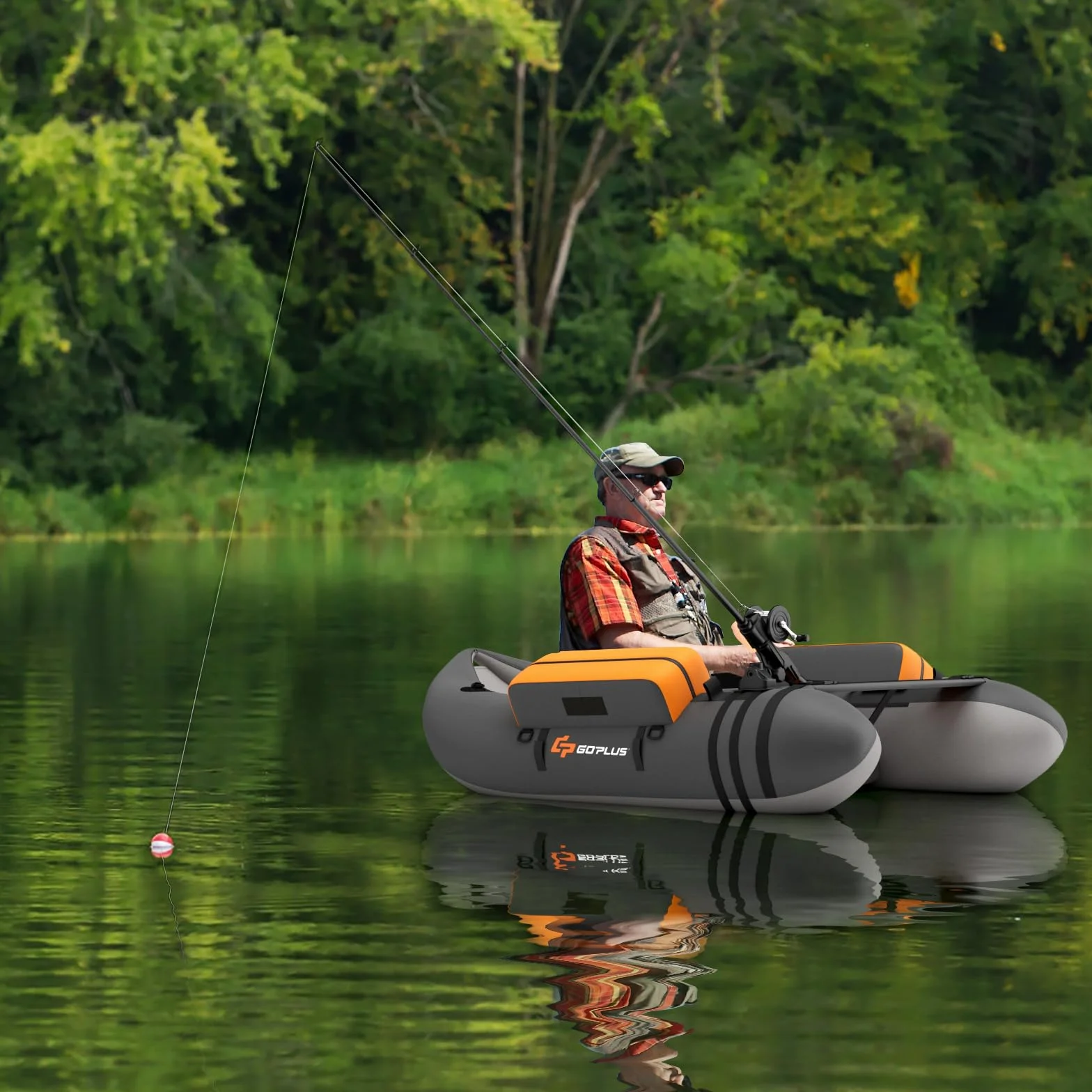 GOPLUS Bellyboot, Belly Boat do 150 kg, nadmuchiwany ponton do wędkowania, z aluminiowym wiosłem, pompką, płetwami, linijką do ryb, uchwytem na wędkę i 2 szelkami, 135 x 109 x 54 cm (ciemnoszary)