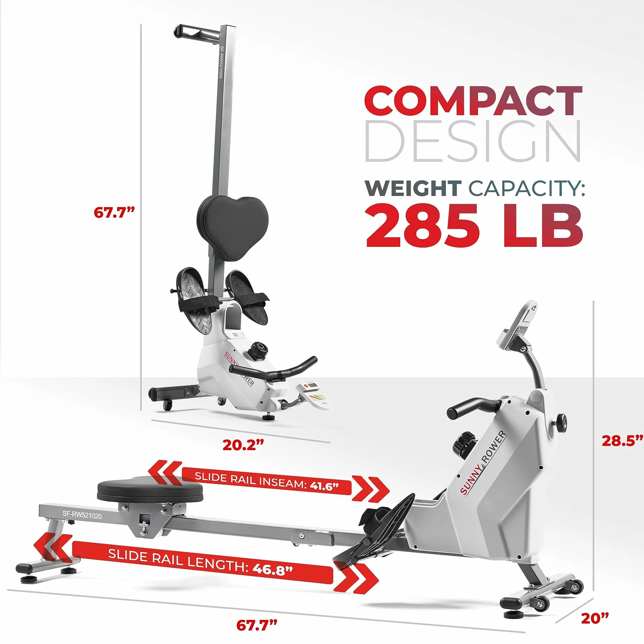 SUNNY HEALTH & FITNESS Kompaktowy składany wioślarz magnetyczny, domowy składany wioślarz, super cichy i płynny, ekskluzywne połączenie aplikacji SunnyFit - SF-RW521020