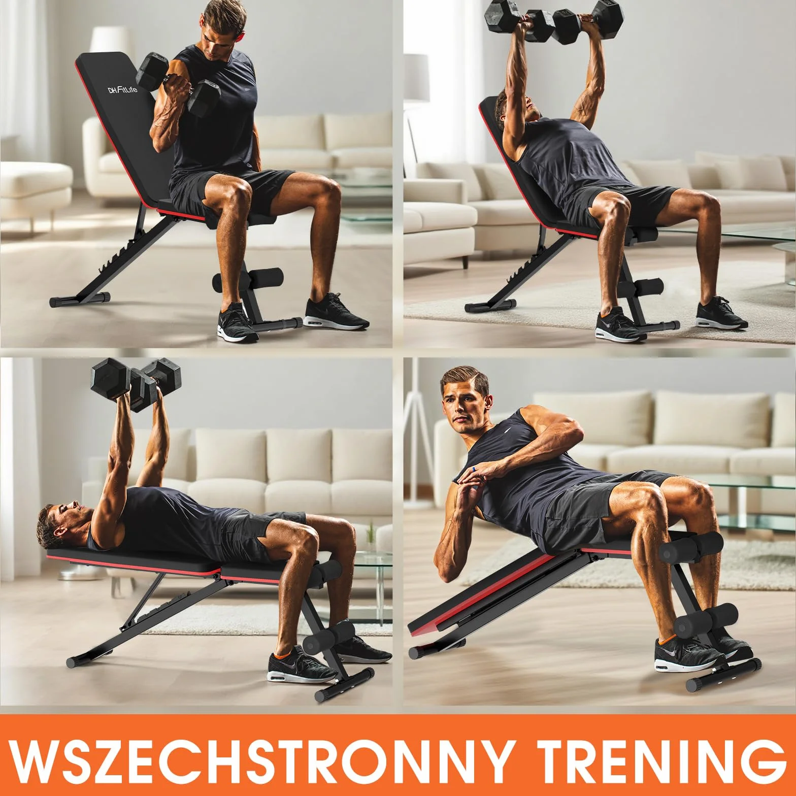 DH FitLife Składana Ławka Treningowa 8-w-1 | 80% Oszczędność Miejsca | Ławeczka do Ćwiczeń Całego Ciała i Brzucha | Regulowana Ławka Fitness i Ławka Skośna do Domowej Siłowni