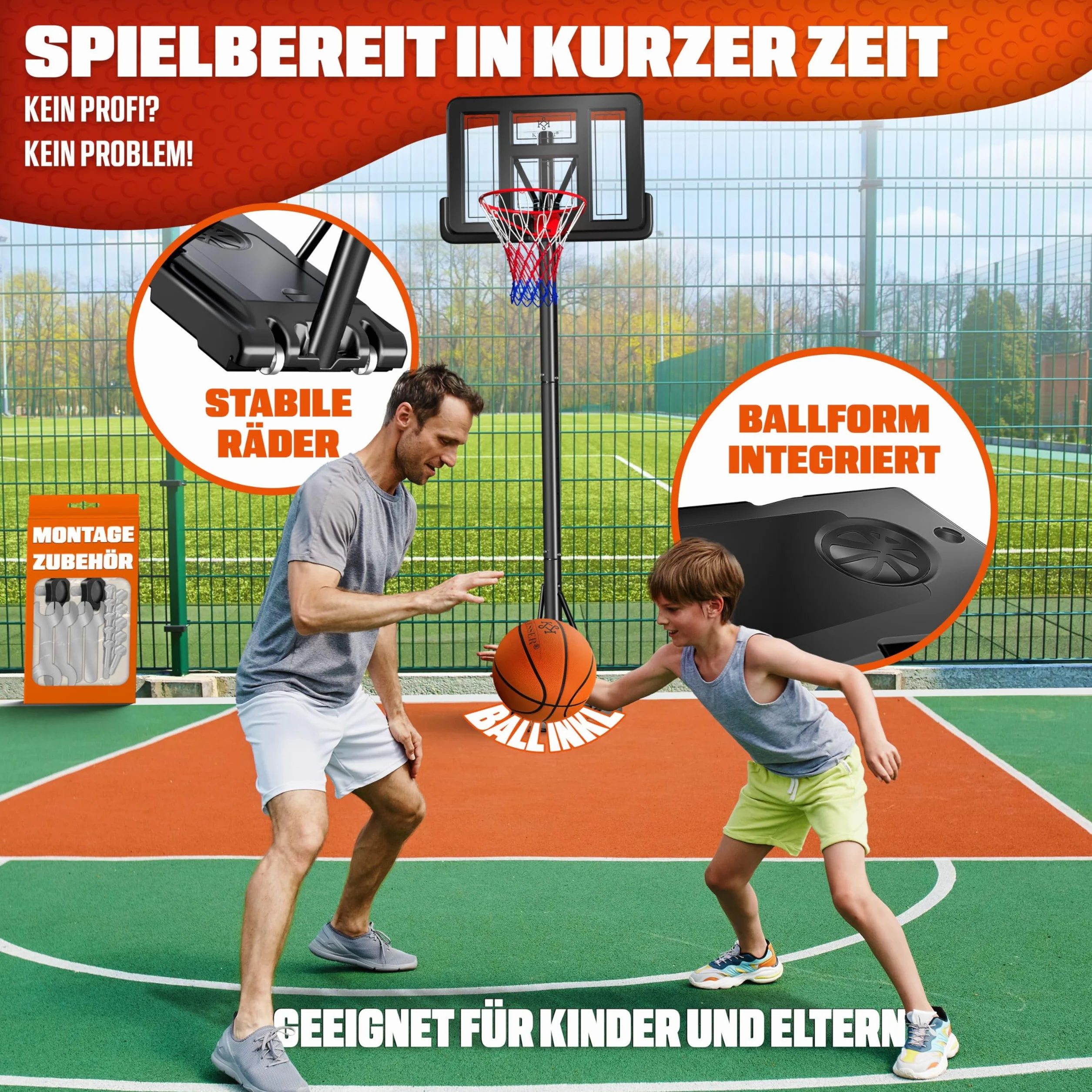 KESSER® Kosz do koszykówki Premium ze stojakiem na kółkach, w zestawie piłka do koszykówki + pompka, regulowana wysokość kosza, od 230 do 305 cm, z regulacją wysokości, do użytku na zewnątrz,