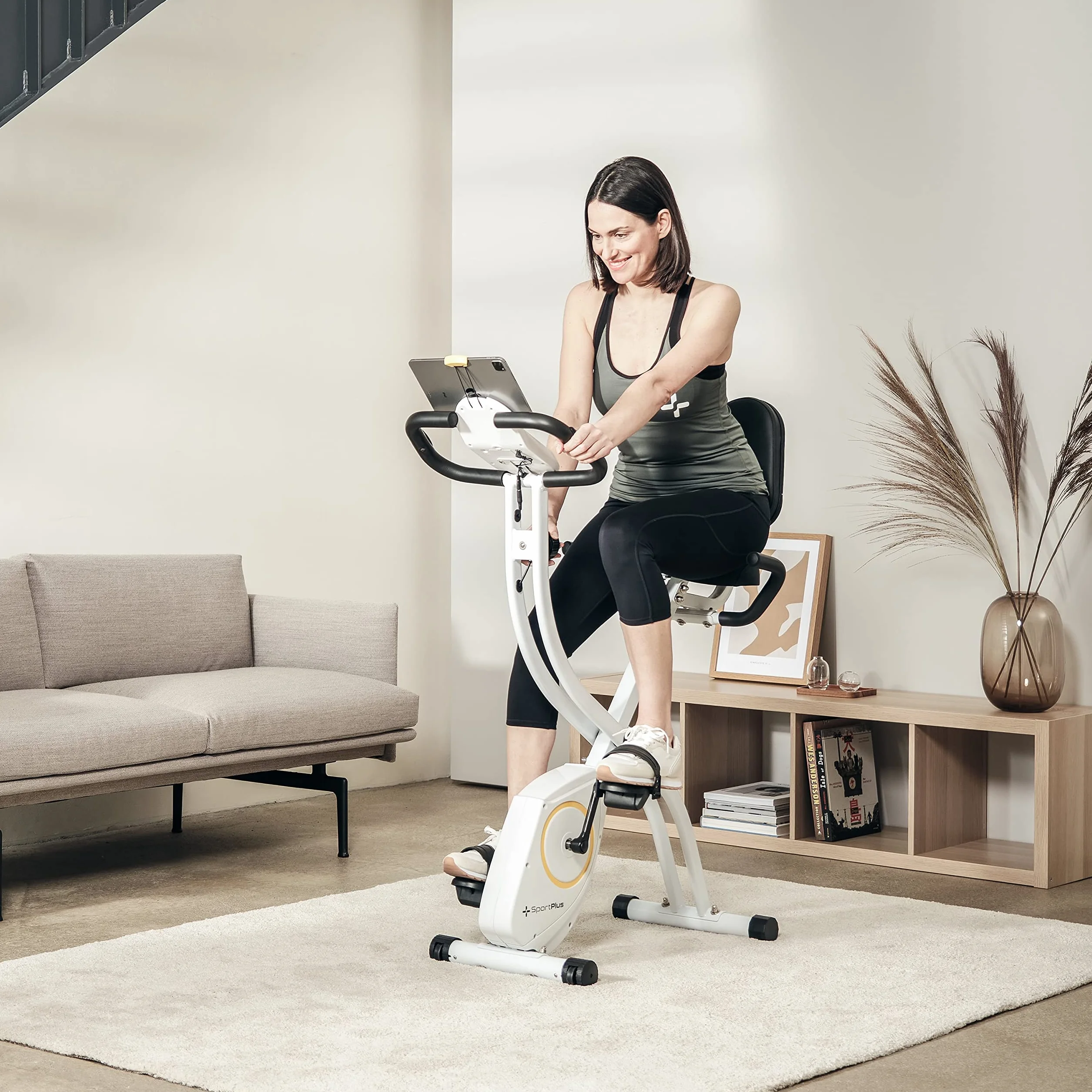 SportPlus składany rower treningowy do domu, opcjonalnie ze sterowaniem za pomocą aplikacji, oparciem, pomiarem tętna, oporem ręcznym lub sterowanym komputerowo, X Bike zajmuje mało miejsca składany