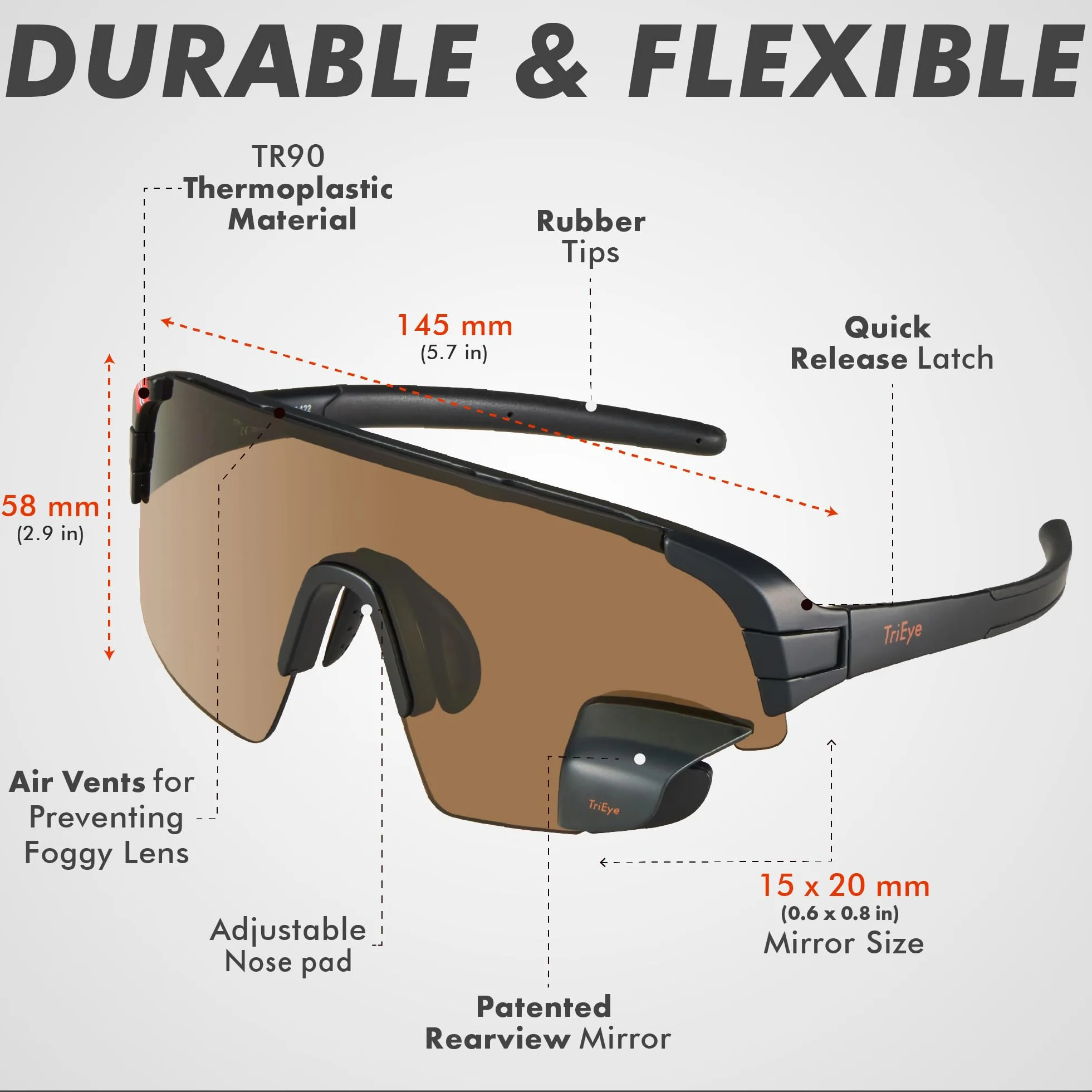TriEye View Sport Okulary Sportowe Regulowane lusterko Oprawka TR90 Soczewki UV400 Lekkie Wygodne