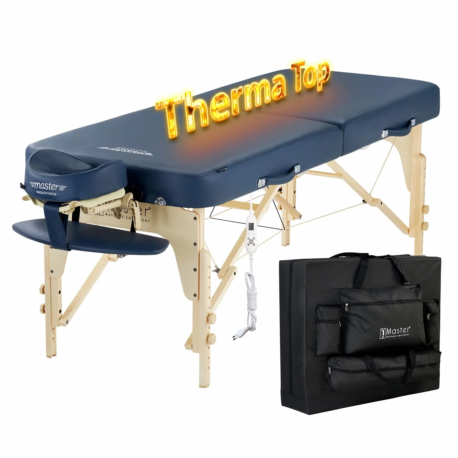 MASTER MASSAGE EQUIPMENT Phoenix Mobil składany leżak do masażu, 71 cm, zintegrowany system ogrzewania, łóżko do masażu, leżanka kosmetyczna, drewno i stół do noszenia, królewski błękit, średni