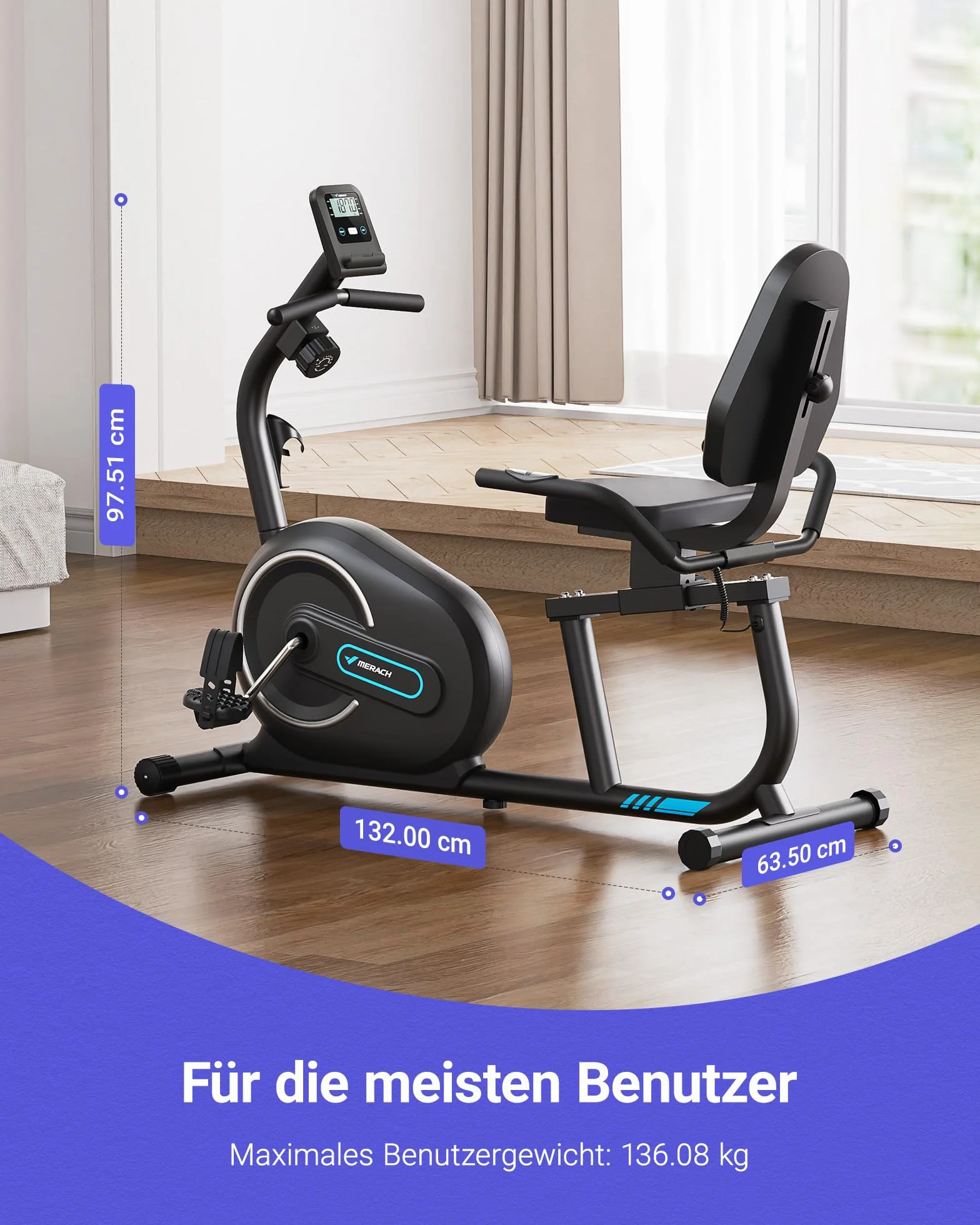 MERACH Domowy ergometr do leżenia z funkcją Smart Bluetooth i ekskluzywną łącznością z aplikacją, LCD, uchwytem pomiaru tętna, magnetyczne urządzenia do leżenia S08